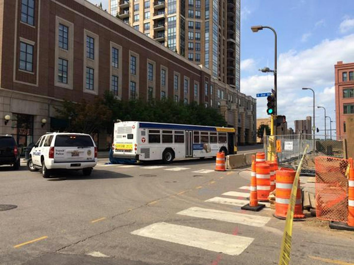 Scene at 3rd Av. S. and S. 2nd St. in Minneapolis, where a Metro Transit bus hit and killed a pedestrian on Wednesday afternoon.