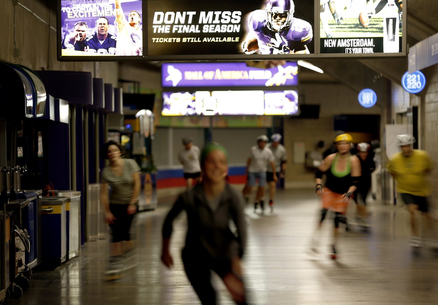 Rollerbladers made their way around the concourse at the Metrodome on Monday. In-line skating officially ends at the Metrodome Dec. 27. ] CARLOS GONZALEZ cgonzalez@startribune.com - December 16, 2013, Minneapolis, Minn., The Metrodome, The Twin Cities in-line skating community is holding onto hope that they'll have a place to skate once the new Vikings stadium is built. Until then, worries flourish that the small, vibrant community of skaters will die out. in-line skating officially ends at the