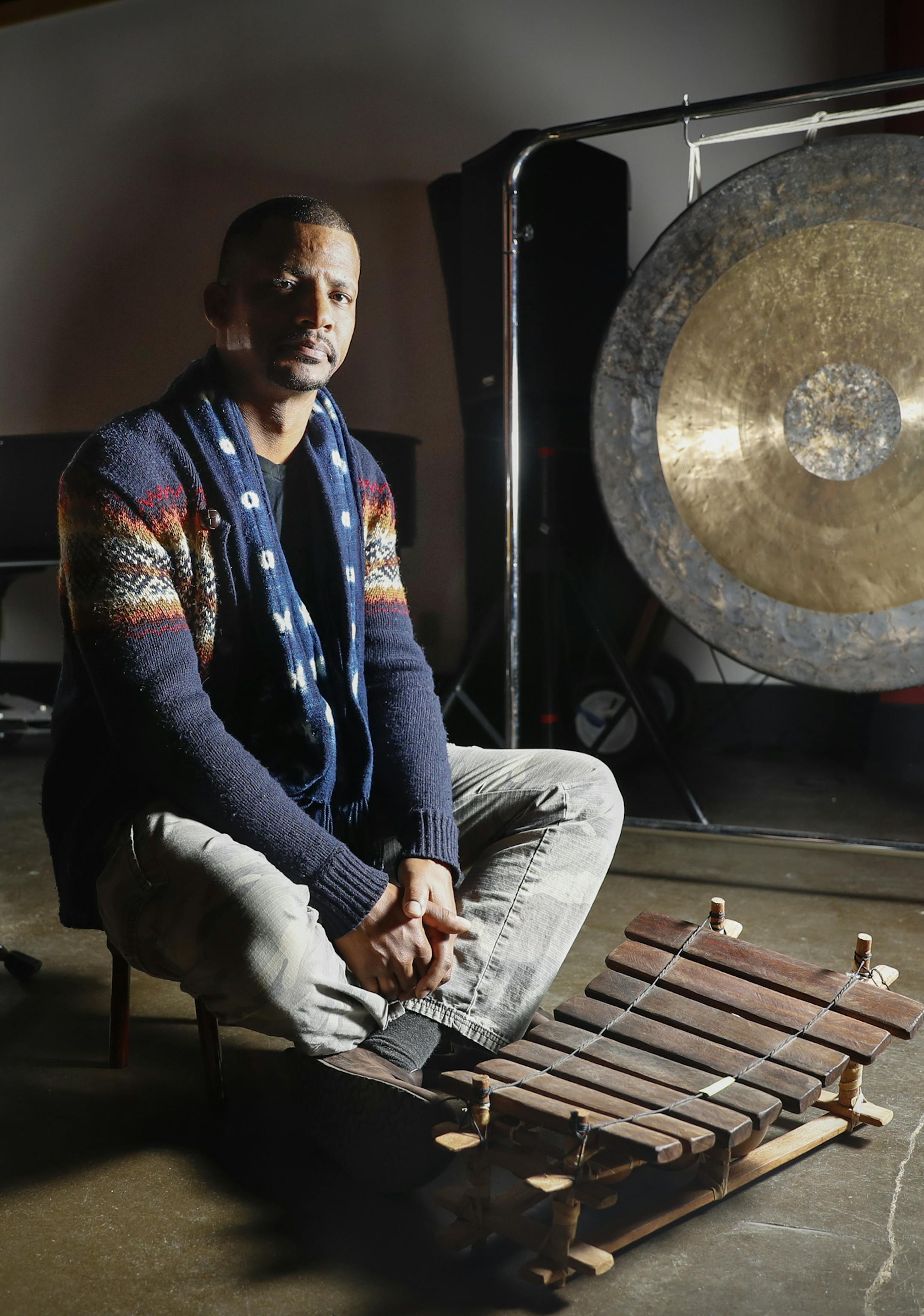 Jazz drummer Davu Seru posed for a picture with a mini balafon and a gong at Studio Z in St. Paul, Minn., on March 24, 2017. ] RENEE JONES SCHNEIDER • renee.jones@startribune.com