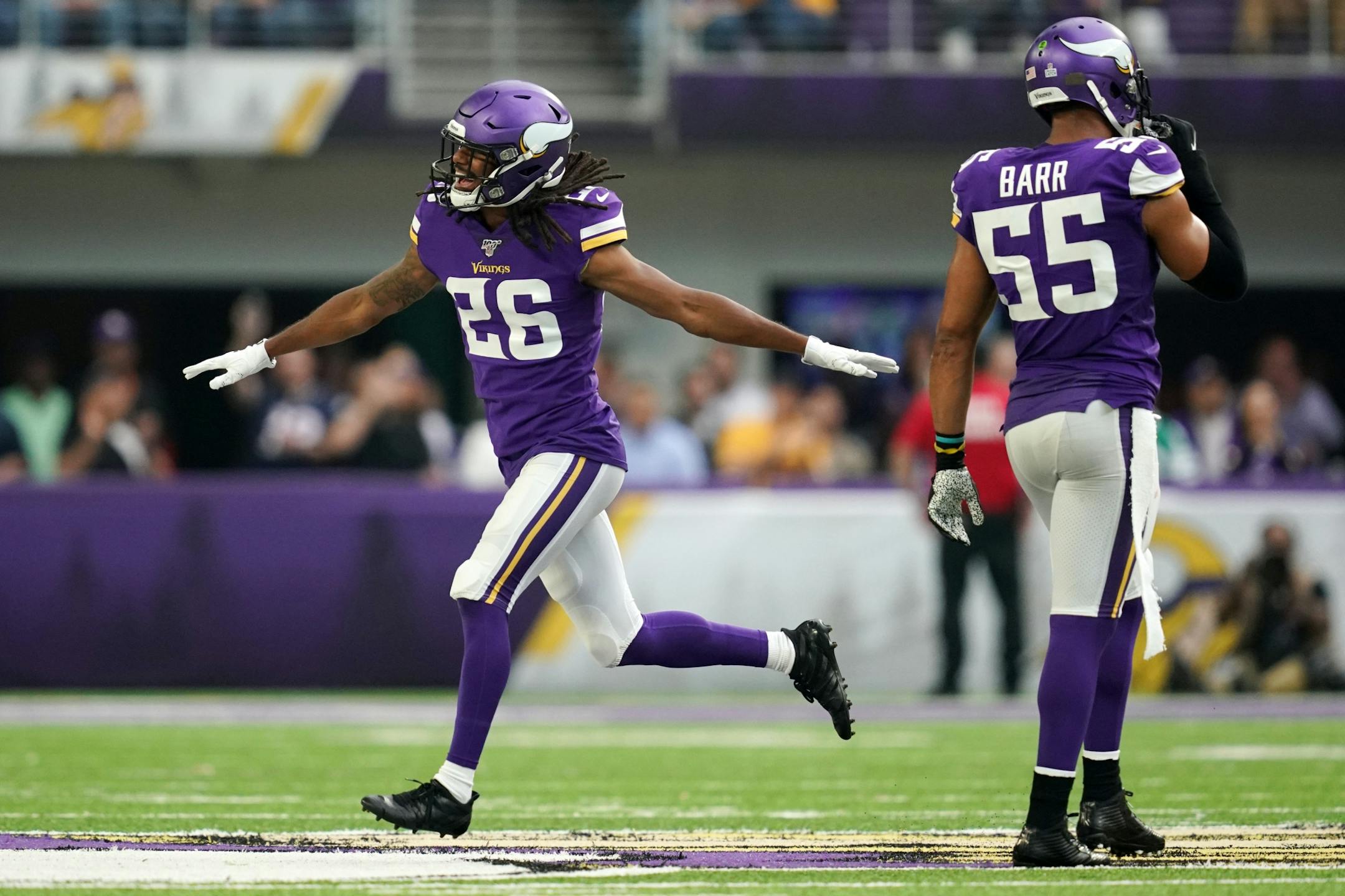 Minnesota Vikings cornerback Trae Waynes (26) celebrated after he broke up a Philadelphia Eagles pass in the second quarter.