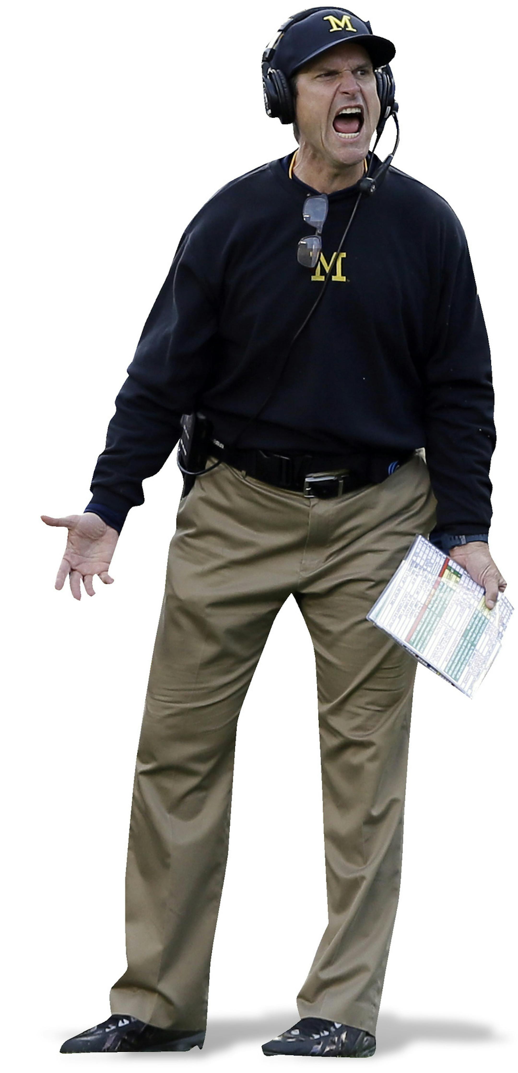 Michigan head coach Jim Harbaugh yells at a referee during the second half of an NCAA college football game against Northwestern, Saturday, Oct. 10, 2015, in Ann Arbor, Mich. (AP Photo/Carlos Osorio) ORG XMIT: otkco109