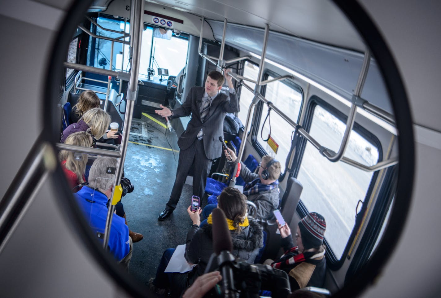 Charles Carlson, senior manager for Bus Rapid Transit gave reporters a rour of the new bus line. ] GLEN STUBBE * gstubbe@startribune.com Wednesday, February 10, 2016 We get a tour of the new Arterial Bus-Rapid Transit system on Snelling Ave., which will connect the 46th Blue Line light-rail station to Rosedale later this spring.Though a dozen BRT lines are planned for the Twin Cities, only one has opened so far -- the Red Line, which connects the Mall of America to Apple Valley (and with mixed r