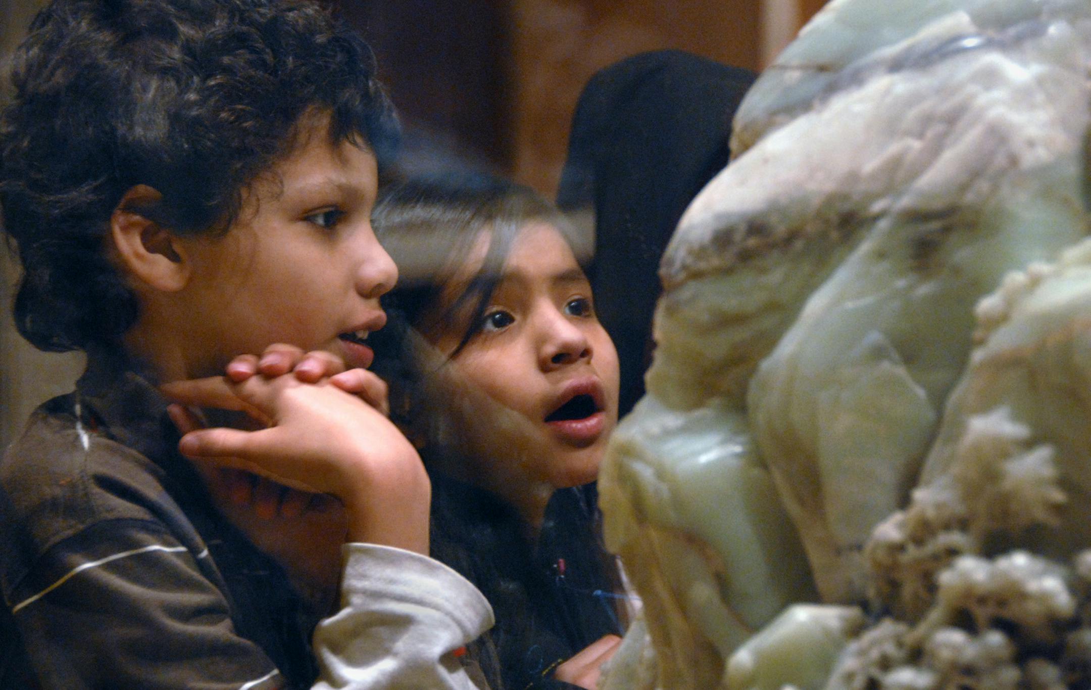 (Left to right) Dowling School third graders Solomon Willis and Chavanne Ortega looked at Jade Mountain Illustrating the Gathering of Poets at the Lan T'ing Pavilion" during a tour of the Minneapolis Institute of Arts. The institute will double its free busing program so that more school kids can tour next year.
