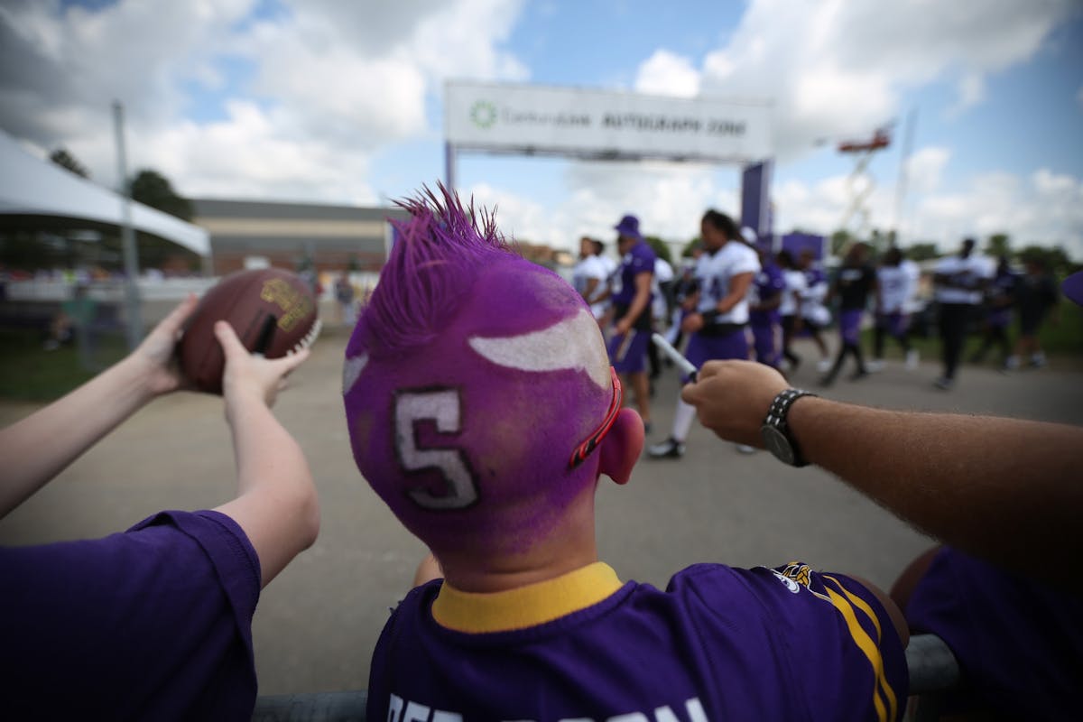 Vikings fan Payten Sorbel 6, tried to get autographs for planers during practice Wednesday July 3, 2016 in Mankato, MN.
