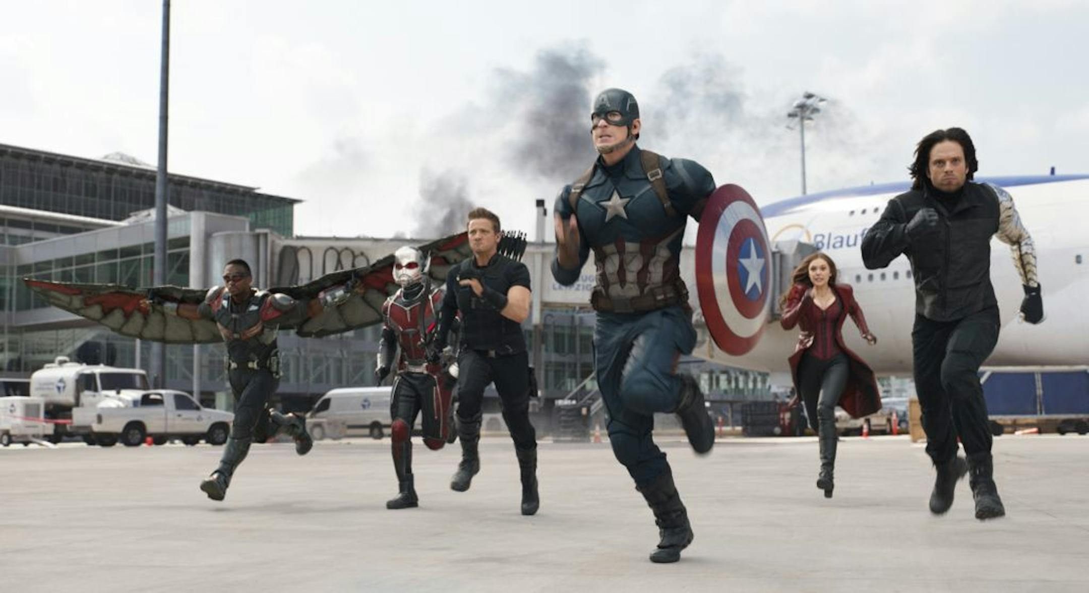 In this image released by Disney, Anthony Mackie, from left, Paul Rudd, Jeremy Renner, Chris Evans, Elizabeth Olsen and Sebastian Stan appear in a scene from "Captain America: Civil War."