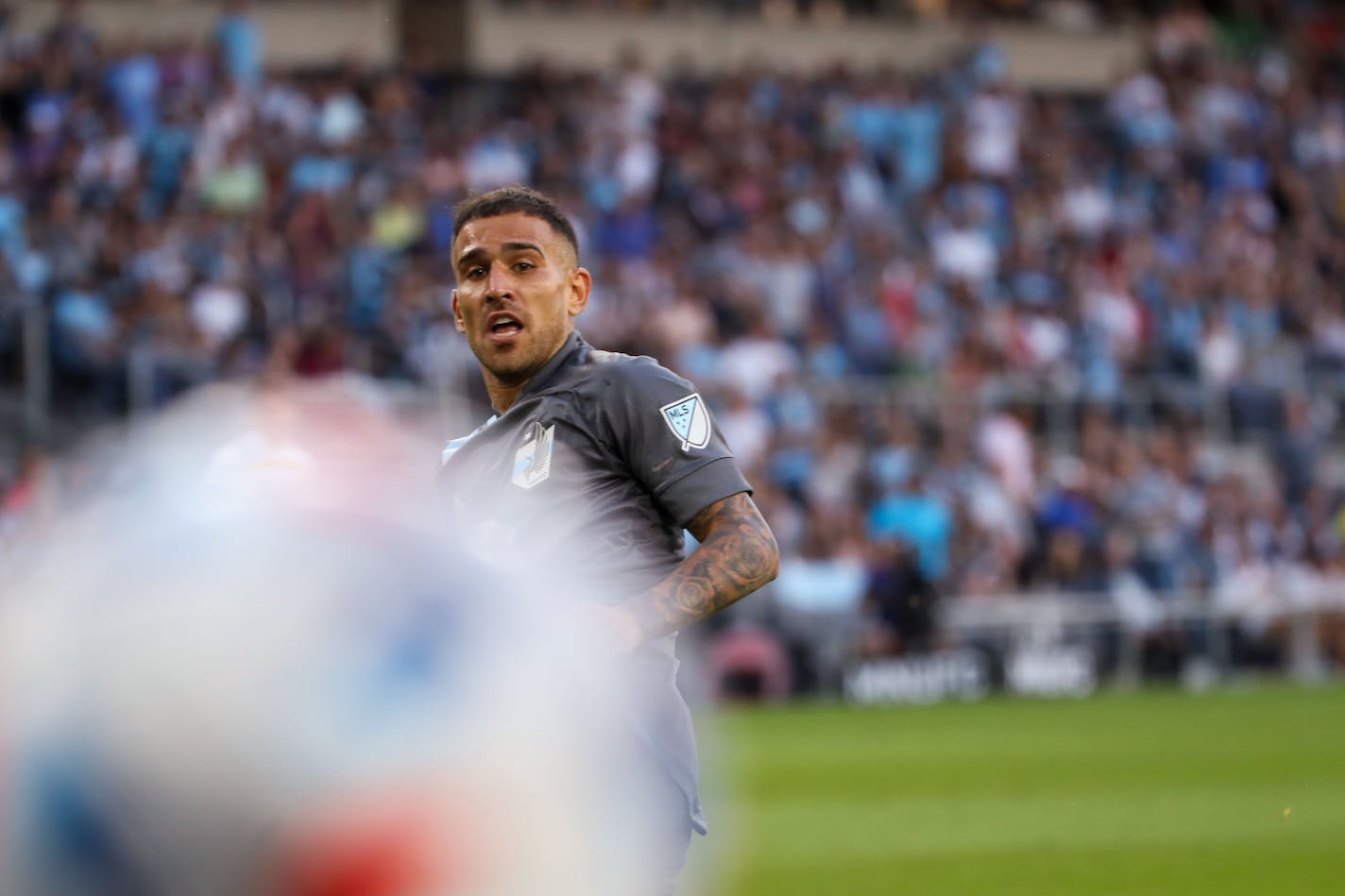 Franco Fragapane, (7) Minnesota United, hits the ball wide during the second half against San Jose Earthquakes at Allianz Field on Saturday, July 3, 2021, in St. Paul. ] ANTRANIK TAVITIAN • anto.tavitian@startribune.com