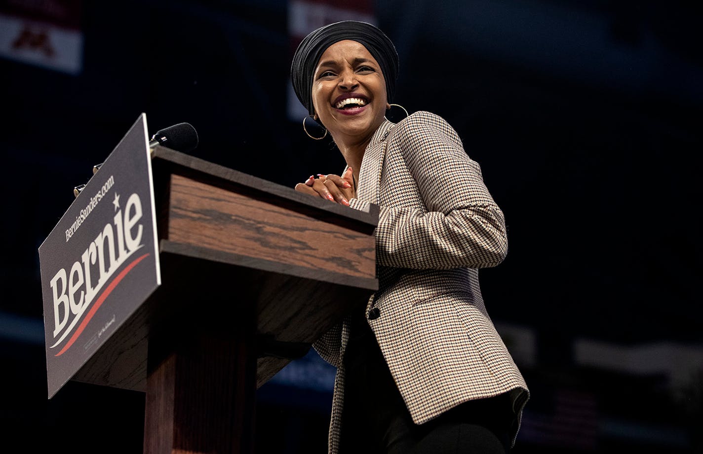 Rep. Ilhan Omar spoke at the Bernie Sanders rally at Williams Arena.