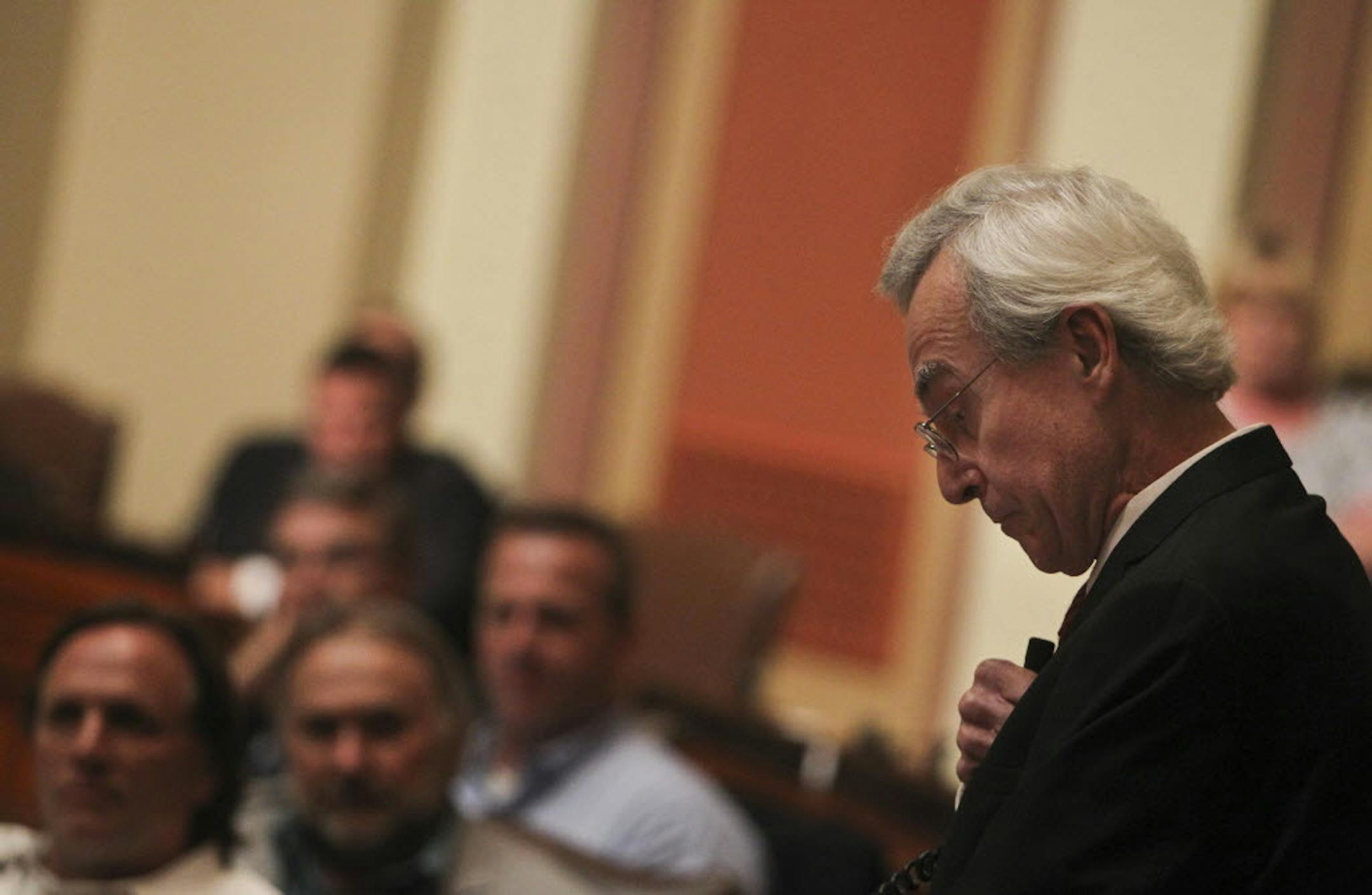 Aug. 24, 2012: Rep. Steve Smith, the longest serving Republican in the Minnesota House, right, said goodbye to colleagues at the State Capitol in St. Paul.