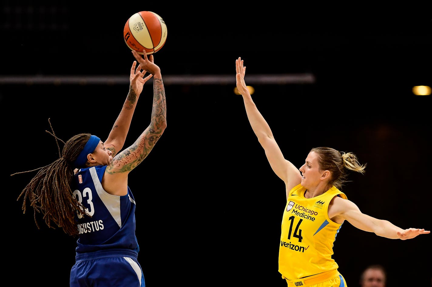 Minnesota Lynx guard Seimone Augustus (33) scored a jumper over Chicago Sky guard Allie Quigley (14) in the second quarter. ] AARON LAVINSKY &#xef; aaron.lavinsky@startribune.com The Minnesota Lynx played the Chicago Sky in a WNBA preseason game on Saturday, May 12, 2018 at Target Center in Minneapolis, Minn.