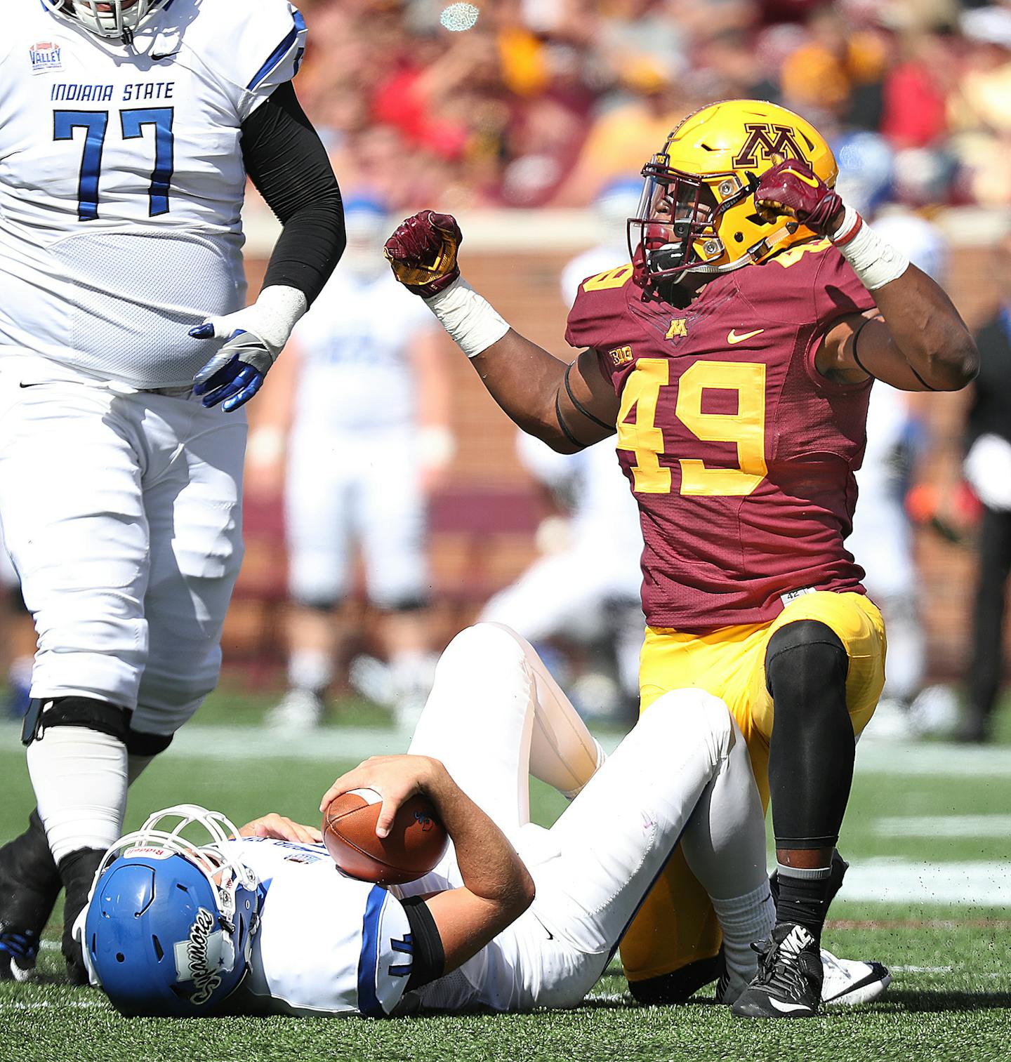 Minnesota Gopher linebacker Kamal Martin celebrated after he sacked Indiana State's quarterback Isaac Harker in the second quarter as the Gophers took on Indiana State at TCF Bank Stadium, Saturday, September 10, 2016 in Minneapolis, MN. ] (ELIZABETH FLORES/STAR TRIBUNE) ELIZABETH FLORES &#x2022; eflores@startribune.com