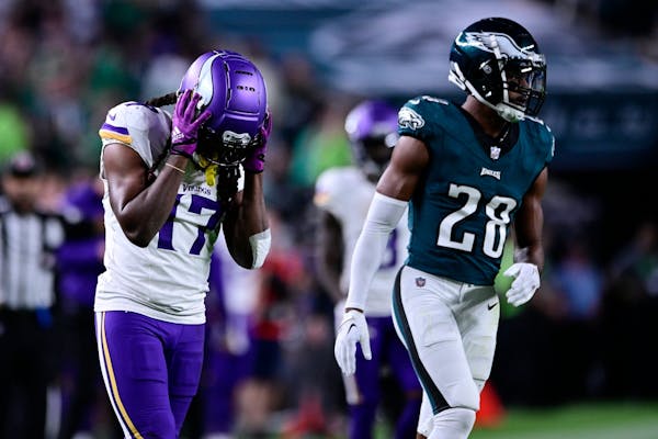 Minnesota Vikings wide receiver K.J. Osborn (17) reacts after dropping a pass during the second half of an NFL football game against the Philadelphia 