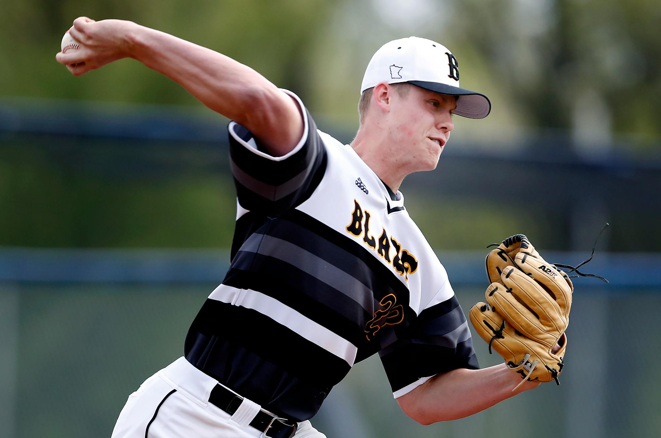 Burnsville's Sam Carlson, a University of Florida recruit and the state's top draft prospect, is one of many top pitchers affected by new pitch-count rules in Minnesota high school baseball. ] CARLOS GONZALEZ � cgonzalez@startribune.com - May 8, 2017, Rosemount, MN, New pitch-count rules are having a noticeable effect on prep baseball, Burnsville pitcher Sam Carlson, a top MLB draft prospect, is pitching for his team in a game against Rosemount.