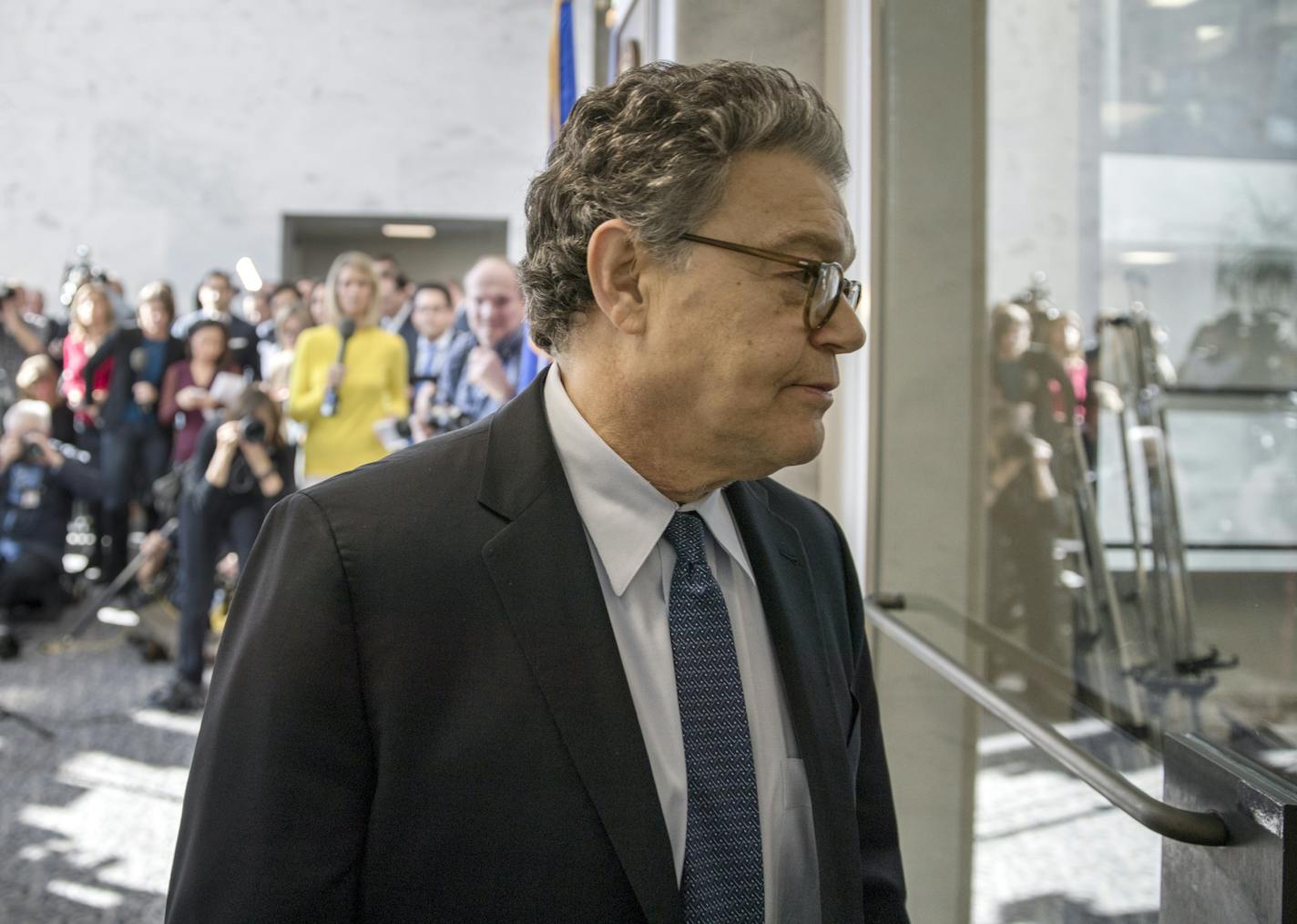 Sen. Al Franken, D-Minn., returns to his office after talking to the media on Capitol Hill in Washington, Monday, Nov. 27, 2017. (AP Photo/J. Scott Applewhite)