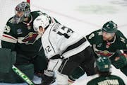 Wild goaltender Marc-Andre Fleury watched the Kings’ fifth goal, scored by center Trevor Moore (12), slip past him during the third period of Los An