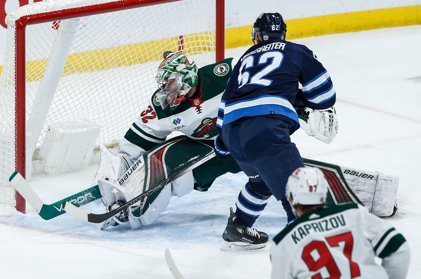 Winnipeg's Nino Niederreiter scored against Wild goaltender Filip Gustavsson during the first period Saturday afternoon.