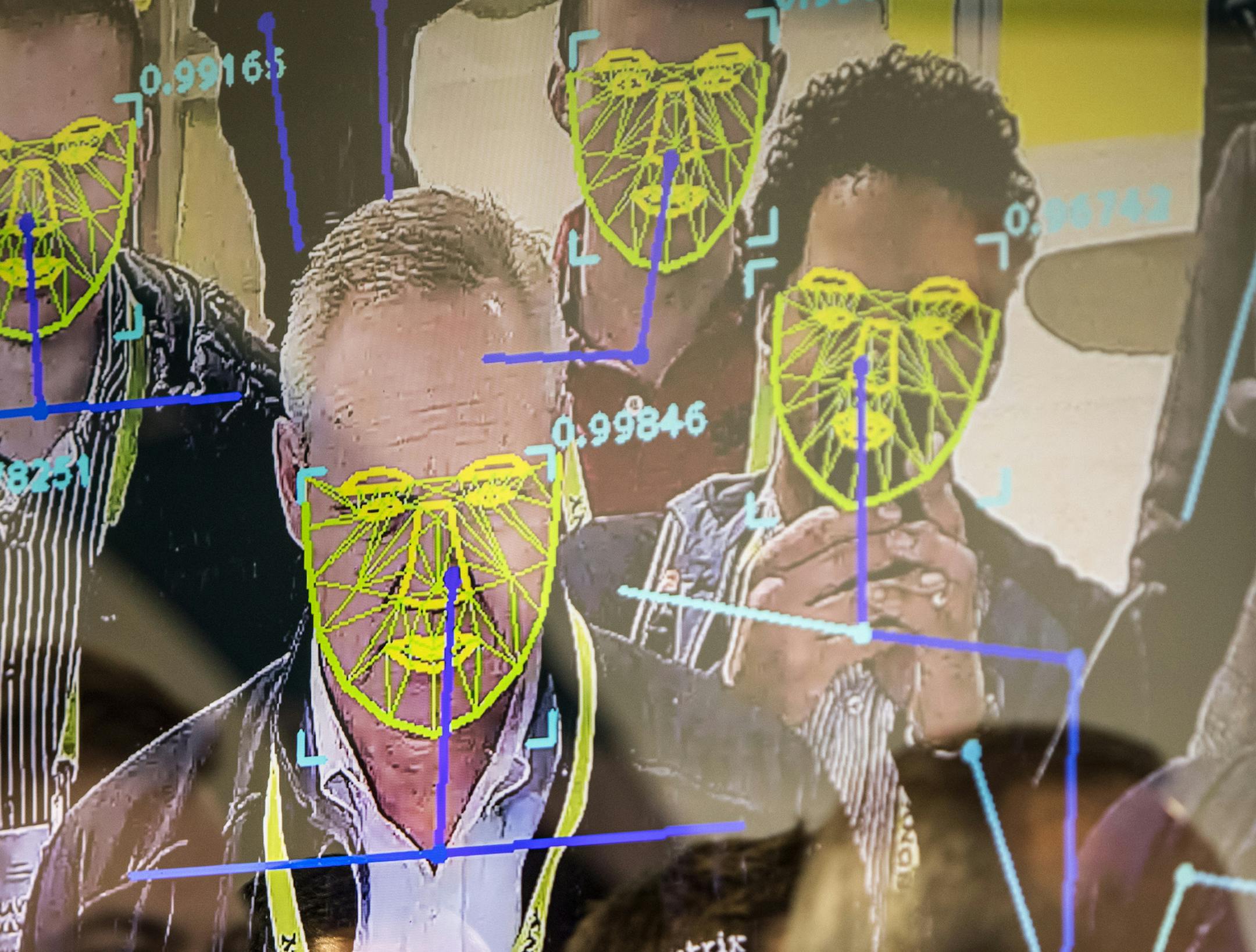 FILE -- Attendees interact with a facial recognition demonstration during the Consumer Electronics Show in Las Vegas, Jan. 8, 2019. The San Francisco board of supervisors has enacted the first ban by a major American city on the use of facial recognition technology by police and other municipal agencies. (Joe Buglewicz/The New York Times)