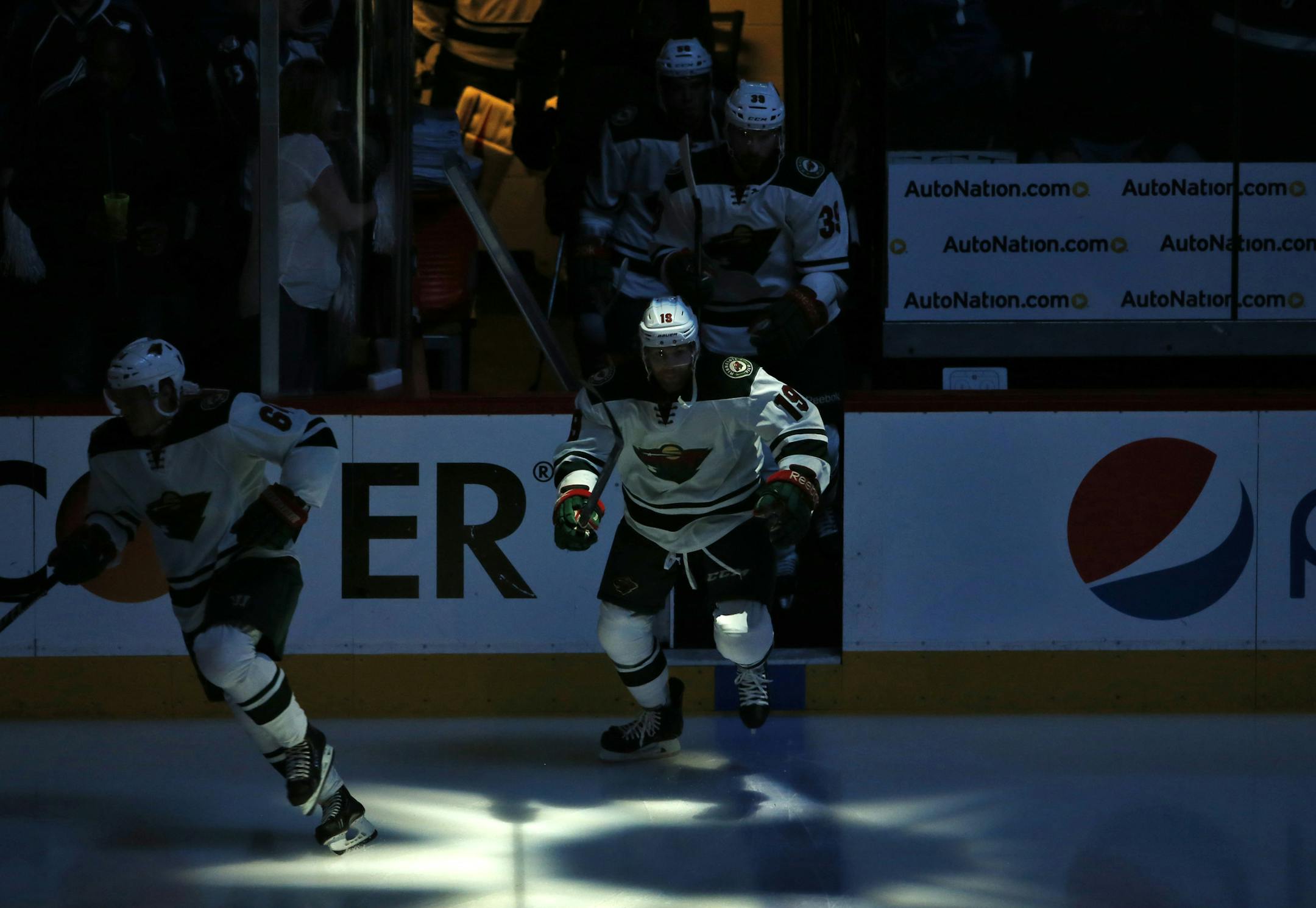 Minnesota Wild Stephane Veilleux takes the ice against the Colorado Avalanche before the first period of play Wednesday during game 7 of the first round of the Stanley Cup Playoffs, Wednesday at the Pepsi Center in Denver, Colorado. ] CARLOS GONZALEZ cgonzalez@startribune.com - April 30, 2014, Denver, Colorado, Pepsi Center, NHL, Minnesota Wild vs. Colorado Avalanche, Stanley Cup Playoffs round 1, Game 7