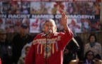 Longtime Native American activist and AIM co-founder Clyde Bellecourt spoke to the crowd gathered for a rally outside TCF Bank Stadium before a Viking