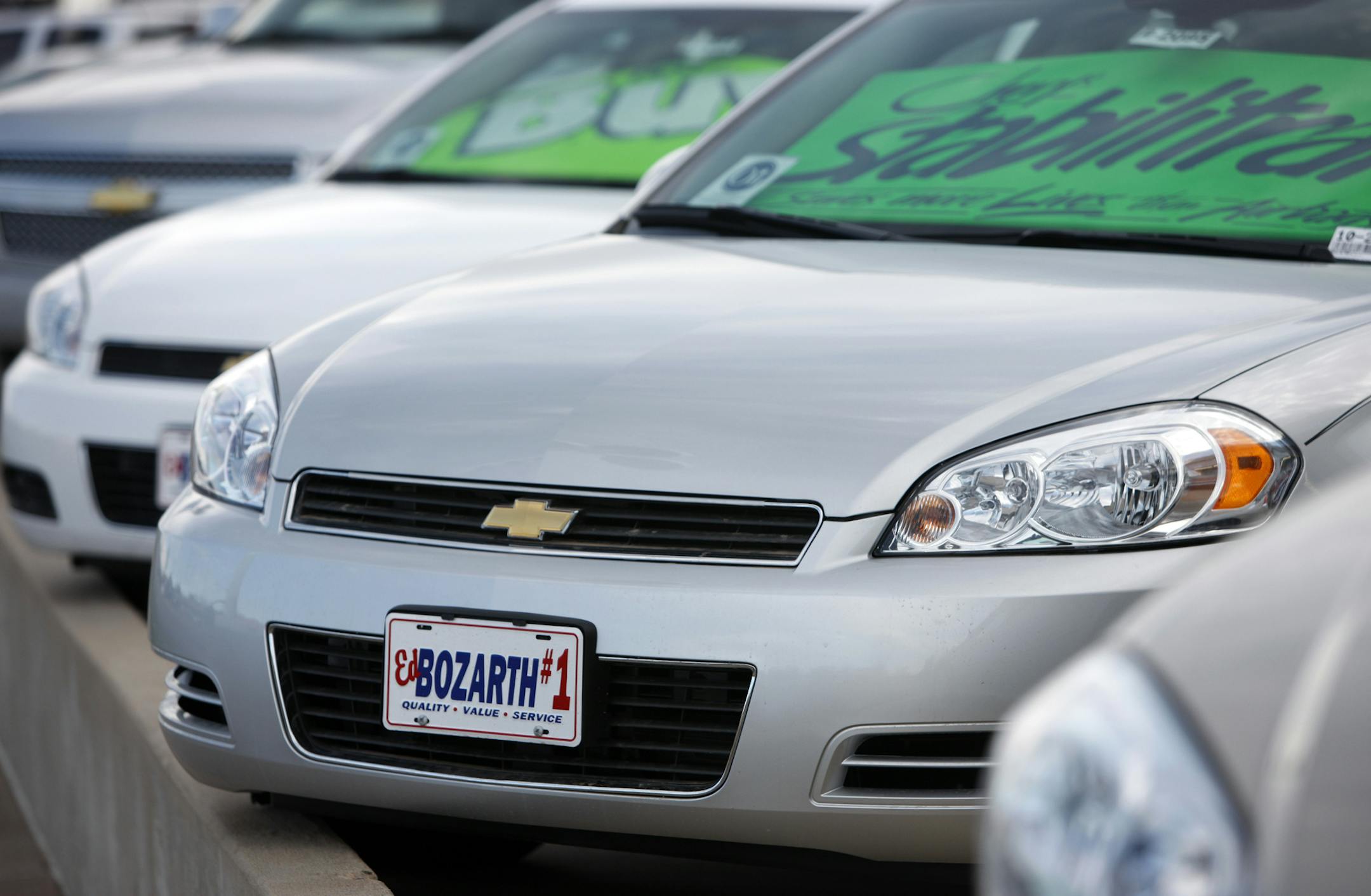 FILE - In this April 11, 2010, file photo, Chevrolet 2010 Impalas sit at a Chevrolet dealership in Aurora, Colo. General Motors announced Thursday, July 21, 2016, that the company is recalling nearly 308,000 older Chevrolet Impala sedans in the U.S. and Canada because the air bags might not inflate in a crash. The recall covers Impalas from the 2009 and 2010 model years that were made before Feb. 10, 2010. (AP Photo/David Zalubowski, File) ORG XMIT: NYBZ418