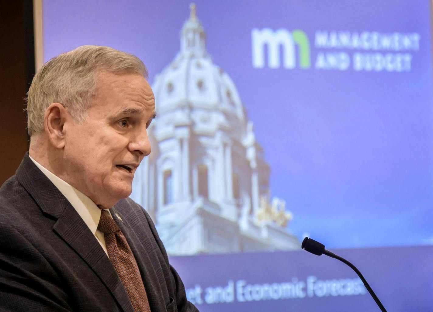 Governor Mark Dayton spoke about the February budget forecast which projected a $329 million budget surplus for the 2018-19 biennium. ] GLEN STUBBE &#x2022; glen.stubbe@startribune.com Wednesday, February 28, 2018 Management and Budget Commissioner Myron Frans presented the February budget forecast which projected a $329 million budget surplus. Gov. Dayton and legislative leaders all predict a surplus. One of the big questions this session will be what to do with the money. Spending proposals ar