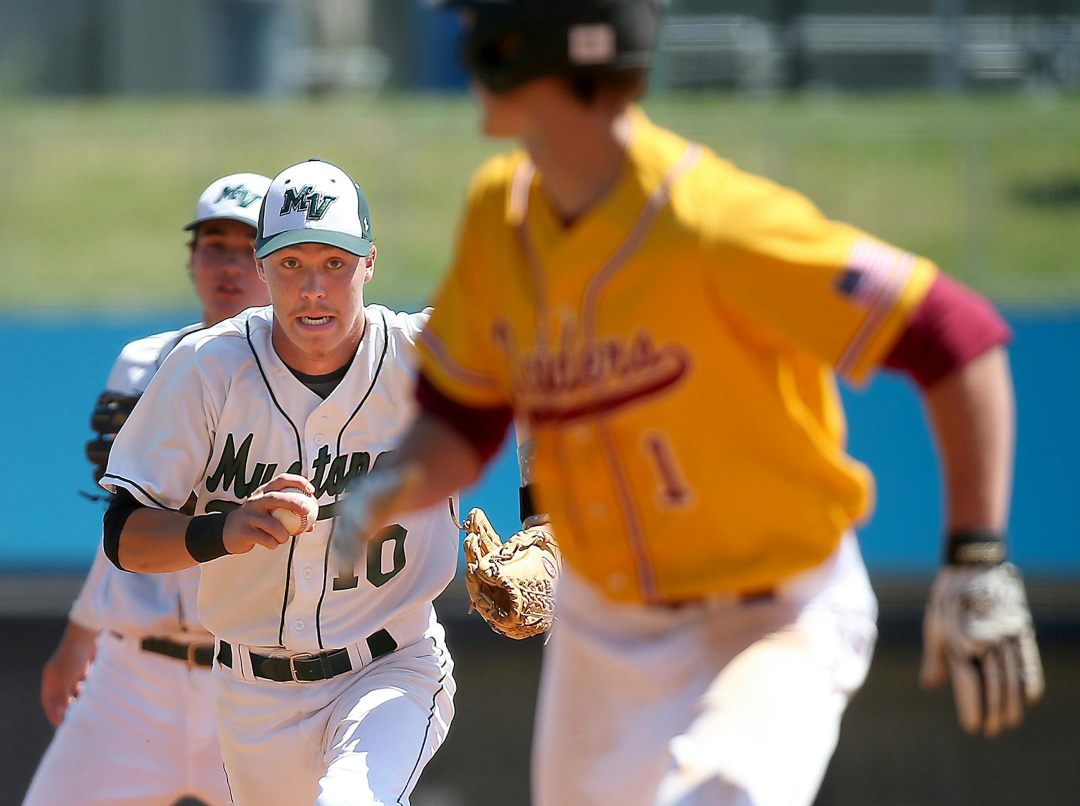 Mounds View's Joe Fredrickson chased down Northfield's Joseph Eckhoff as he tried stealing second in the third inning during the Class 3A baseball quarterfinals.