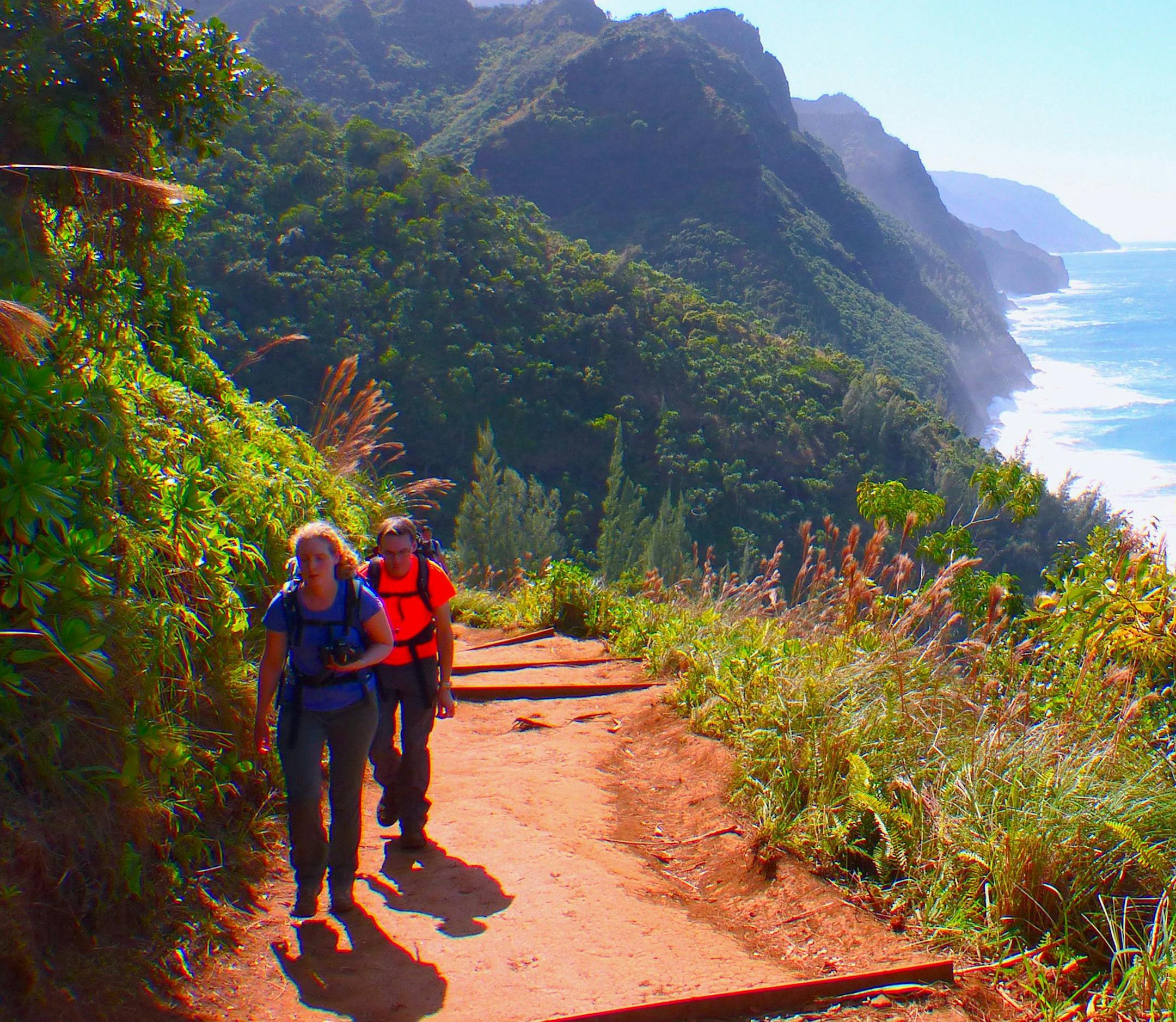 Not for the faint of heart, the Kalalau Trail has steep sections and stretches with thick, red mud. But the work pays off with incredible views of Kauai's Napali Coast. (Daniel Beekman/The Seattle Times/TNS) ORG XMIT: 1224701