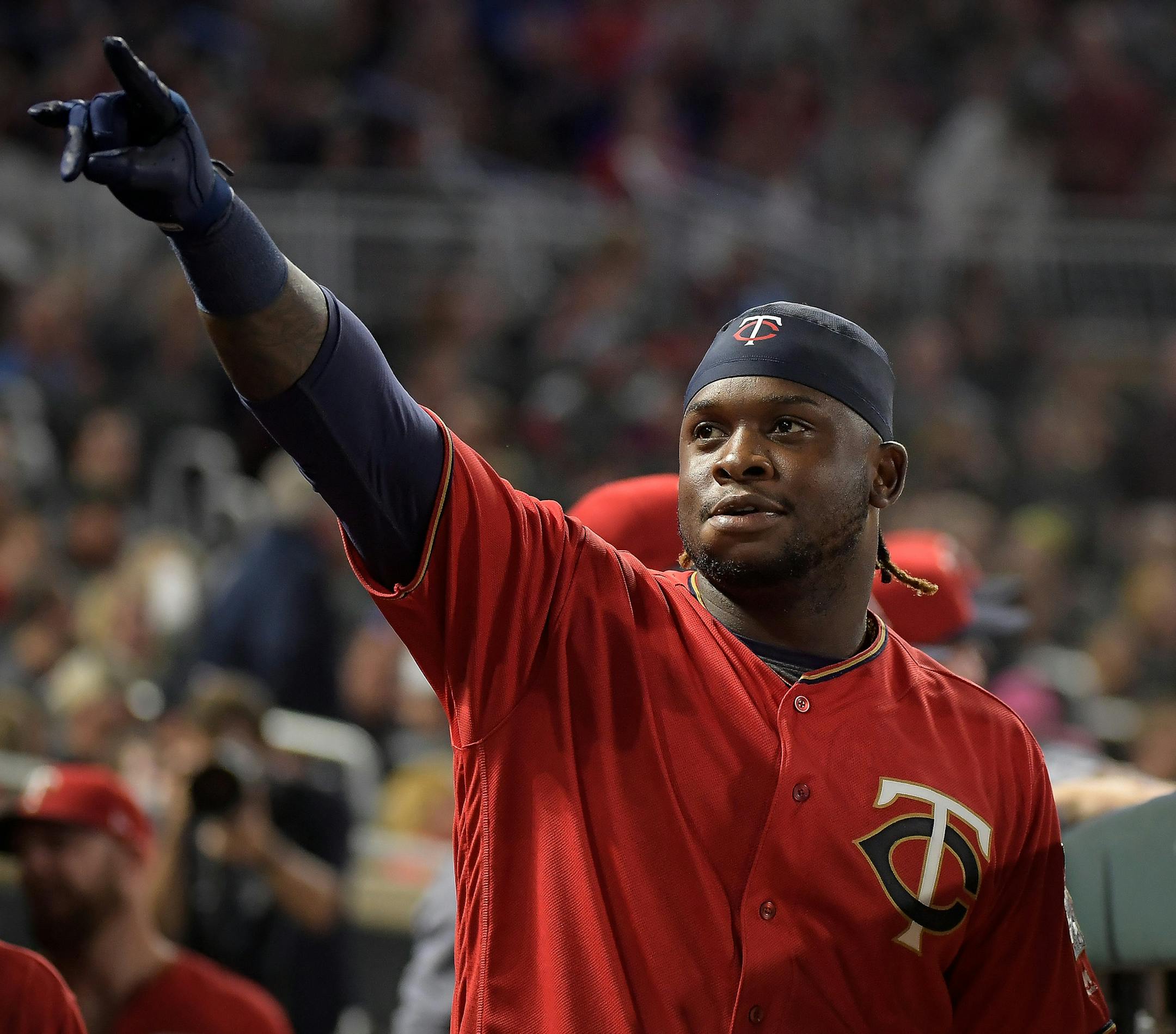 Minnesota Twins third baseman Miguel Sano gestures to fans after hitting a solo home run in the seventh inning against the Arizona Diamondbacks on Friday, Aug. 18, 2017, at Target Field in Minneapolis. Sano has been placed on the 10-day disabled list with a stress reaction in his left tibia. (Aaron Lavinsky/Minneapolis Star Tribune/TNS) ORG XMIT: 1209250