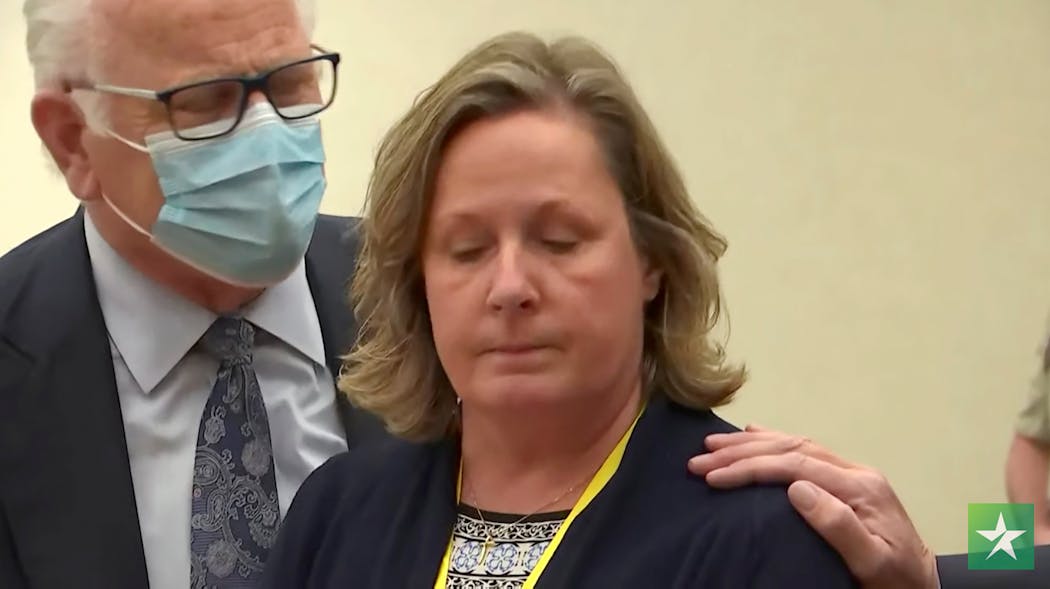In this image taken from video, former Brooklyn Center police officer Kim Potter stood with defense attorney Earl Gray as the verdict was read in her trial in December 2021.