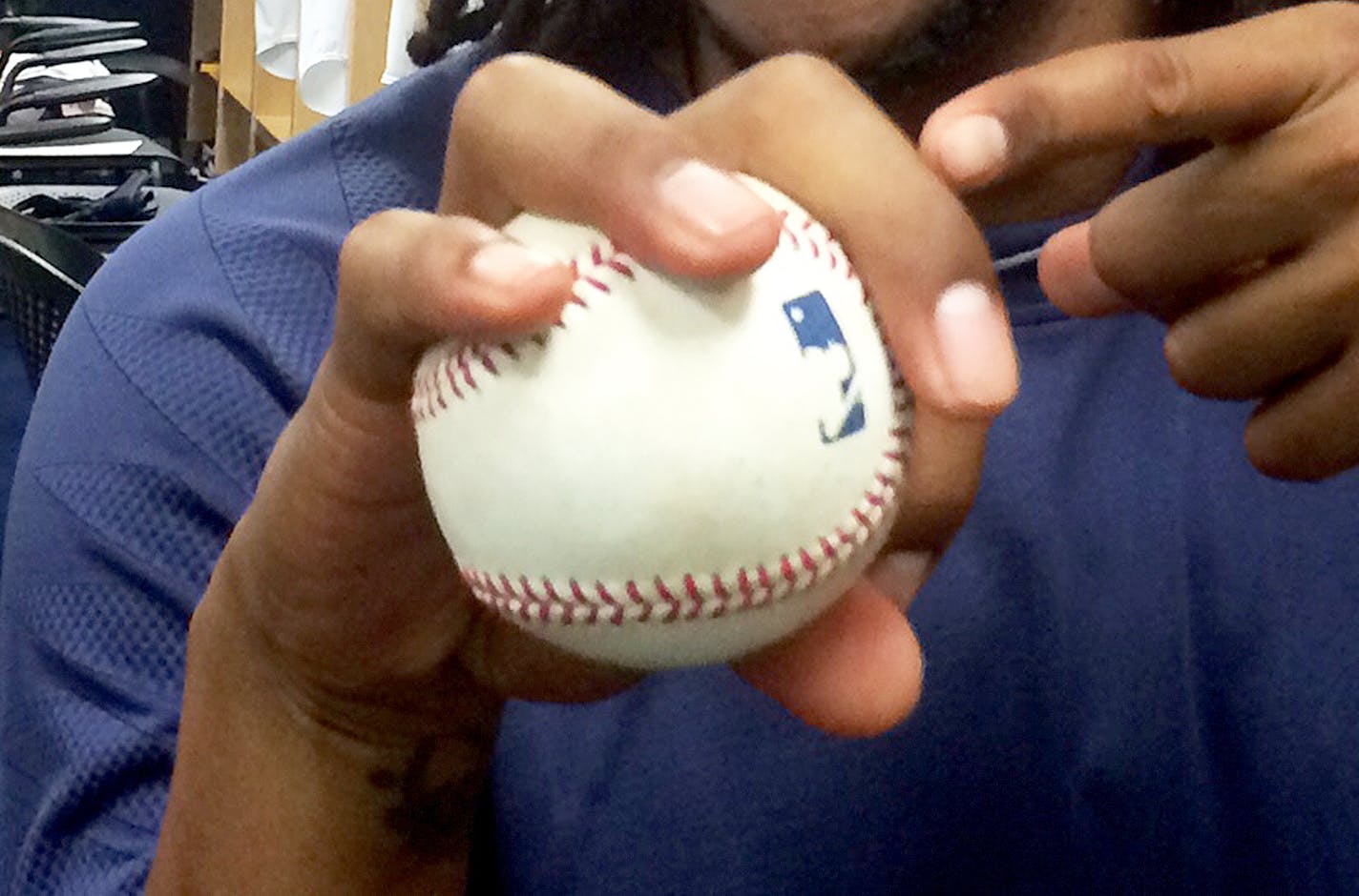 Photo by La Velle E. Neal III . Star Tribune Ervin Santana shows La Velle how he holds his change up. Spring training, 2015.