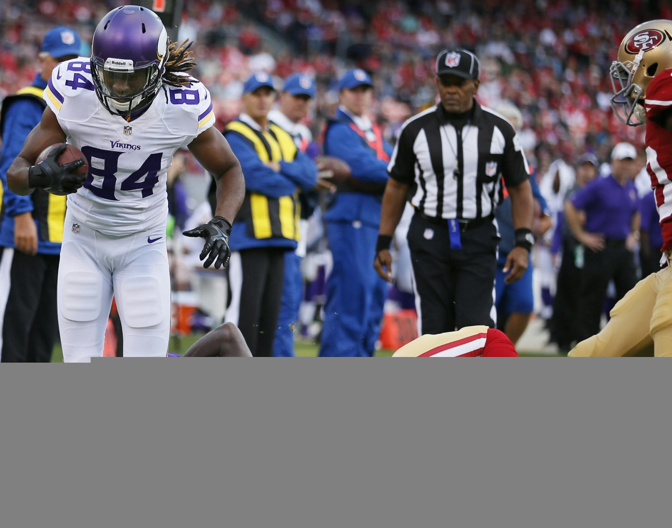 Vikings receiver Cordarrelle Patterson was stop short of the goal line by 49ers Tramaine Brock during the Minnesota Vikings third preseason game against the San Francisco 49ers at Candlestick Park, Sunday Aug 25 ,2013 in San Francisco , CA.