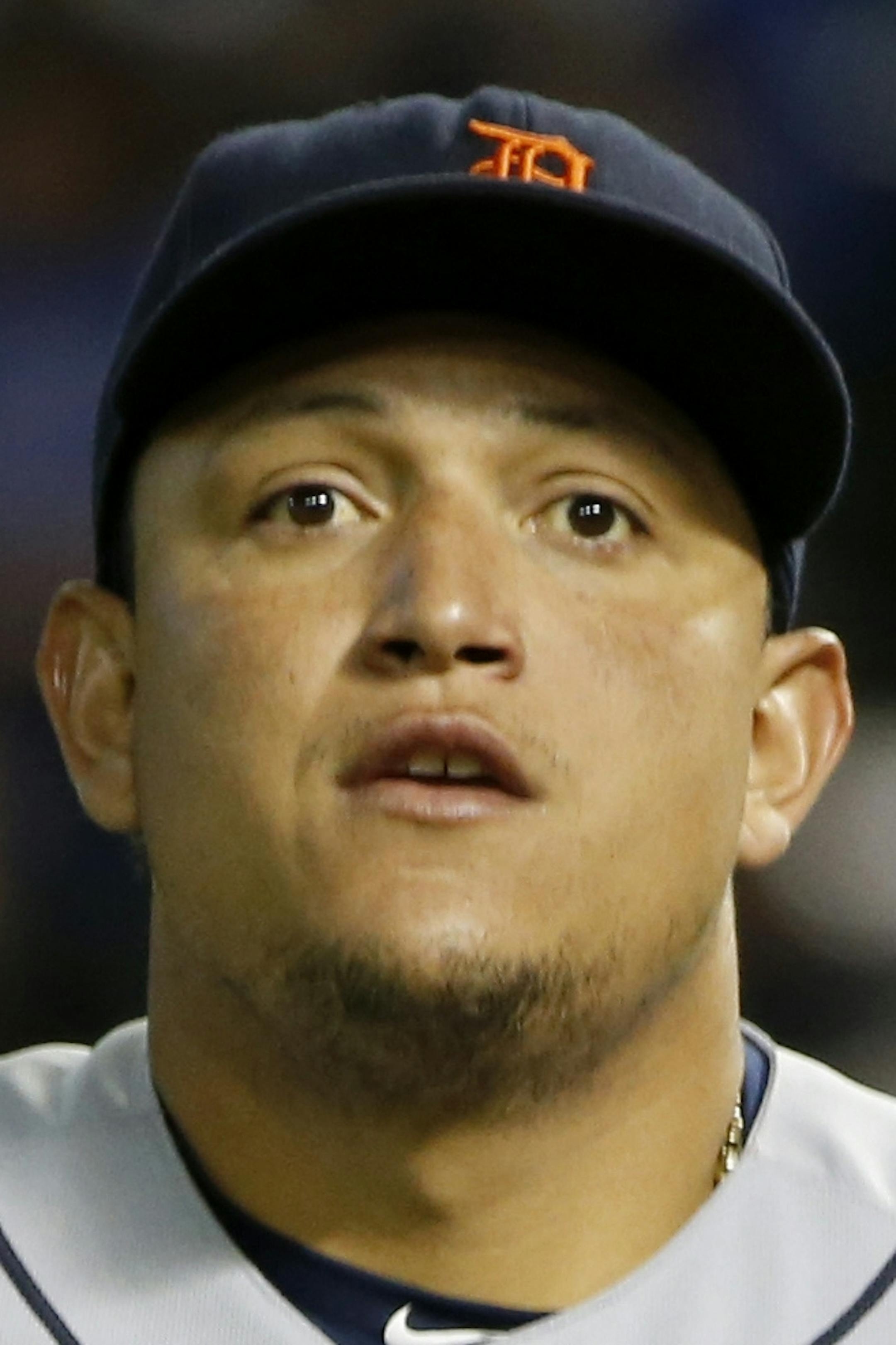 Detroit Tigers' Miguel Cabrera returns to the team's dugout during a game against the Texas Rangers, Monday Sept. 28, 2015, in Arlington, Texas. (AP Photo/Ron Jenkins) ORG XMIT: MIN2015100423021475