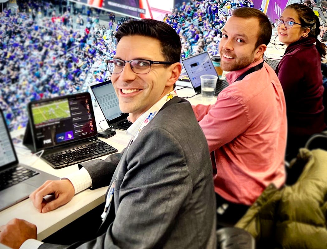 Star Tribune beat reporter Ben Goessling, left, along with his beat partner Andrew Krammer and editor Naila-Jean Meyers, worked a 2022 Vikings game.