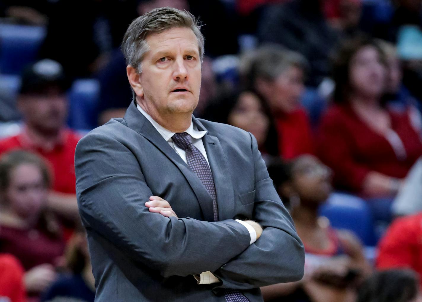 New Orleans Pelicans assistant coach Chris Finch takes over for New Orleans Pelicans head coach Alvin Gentry after Gentry was ejected for a second technical foul during the second half of an NBA basketball game at the Smoothie King Center in New Orleans Sunday, Dec. 15, 2019. The Magic won 130-119. ORG XMIT: BAT1912151743232664