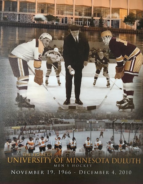 Poster for the Duluth Entertainment Convention Center's time as home for Minnesota Duluth men's hockey. (Patrick Reusse/Star Tribune)