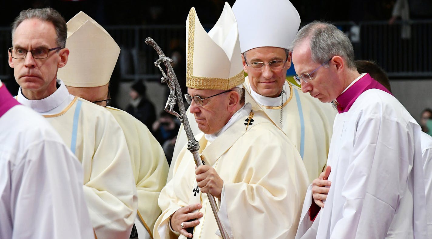 Pope Francis leads a Mass in Malmo, Sweden, where he had traveled for a ceremony ahead of the 500th anniversary of the Protestant Reformation, Nov. 1, 2016. On the flight back to Rome, Francis answered a journalist&#x2019;s question by opining that the Roman Catholic Church&#x2019;s teaching that women cannot be ordained as priests is likely to last forever. (Vincenzo Pinto/Pool via The New York Times) -- FOR EDITORIAL USE ONLY -- ORG XMIT: MIN2016110117064361