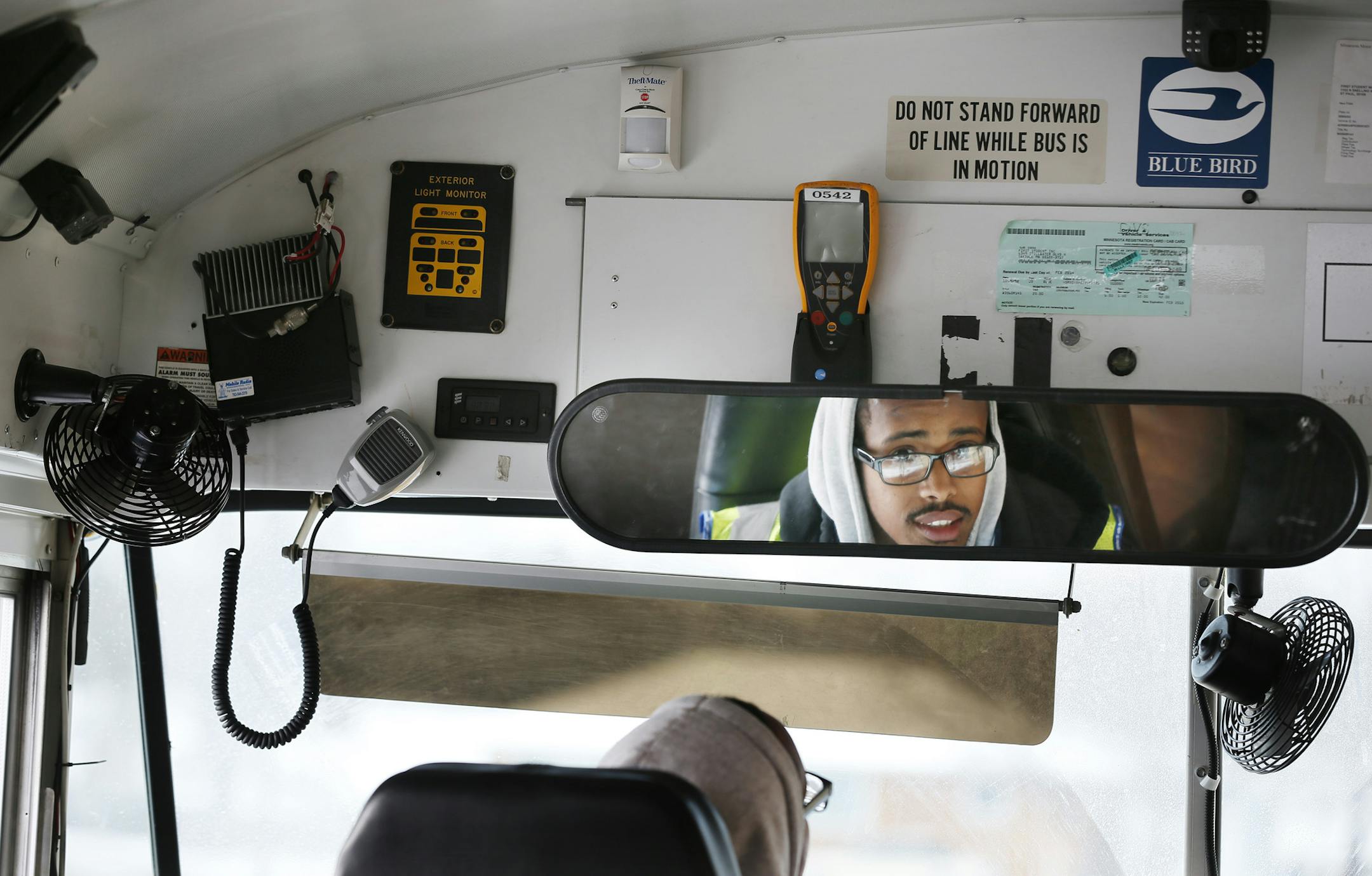 Abdisalan Hassan a bus driver for First Student talked about the 3 cameras on board his bus at Hazel Park Preparatory Academy Monday November 17, 2014. St. Paul, Minnesota.] Jerry Holt Jerry.holt@startribune.com