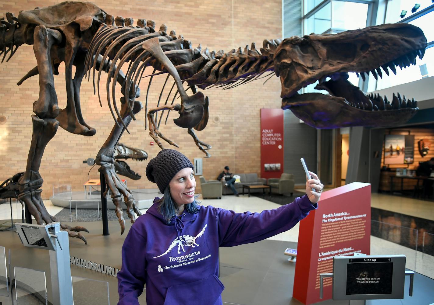 Jill Seifert-Thiel, of Minneapolis, took a selfie with her new Science Museum of Minnesota Brontosaurus hoodie made famous by the Netflix hit, "Stranger Things," Tuesday morning at the Science Museum of Minnesota. ] AARON LAVINSKY &#xef; aaron.lavinsky@startribune.com The early 80s Science Museum of Minnesota Brontosaurus hoodie that made an appearance in the first episode of season two of Netflix hit Stranger Things went on sale Tuesday, Nov. 7, 2017 at the Science Museum of Minnesota.