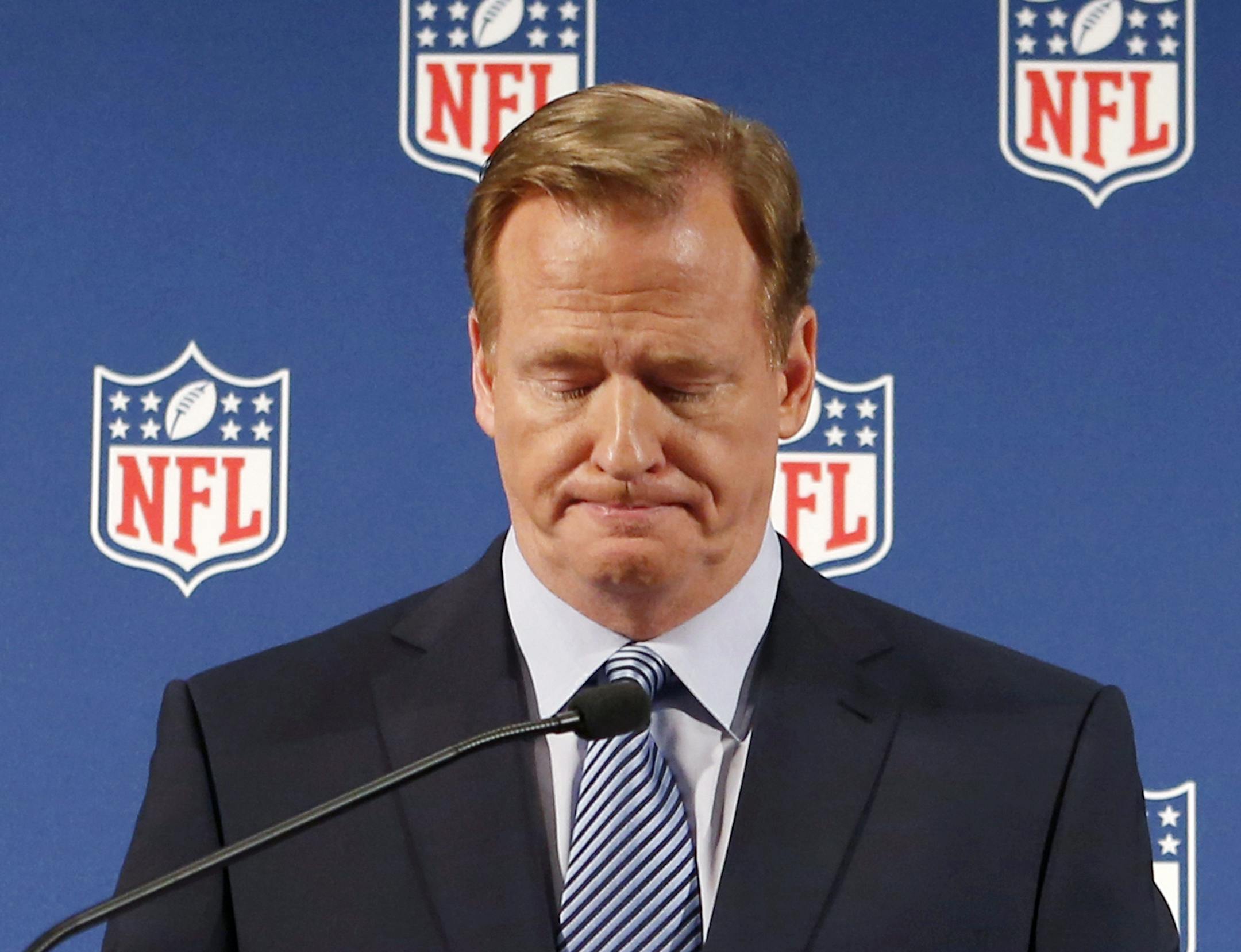 NFL Commissioner Roger Goodell pauses as he speaks during a news conference Friday, Sept. 19, 2014, in New York. Goodell says the NFL wants to implement new personal conduct policies by the Super Bowl. The league has faced increasing criticism that it has not acted quickly or emphatically enough concerning the domestic abuse cases. The commissioner reiterated that he botched the handling of the Ray Rice case. (AP Photo/Jason DeCrow)