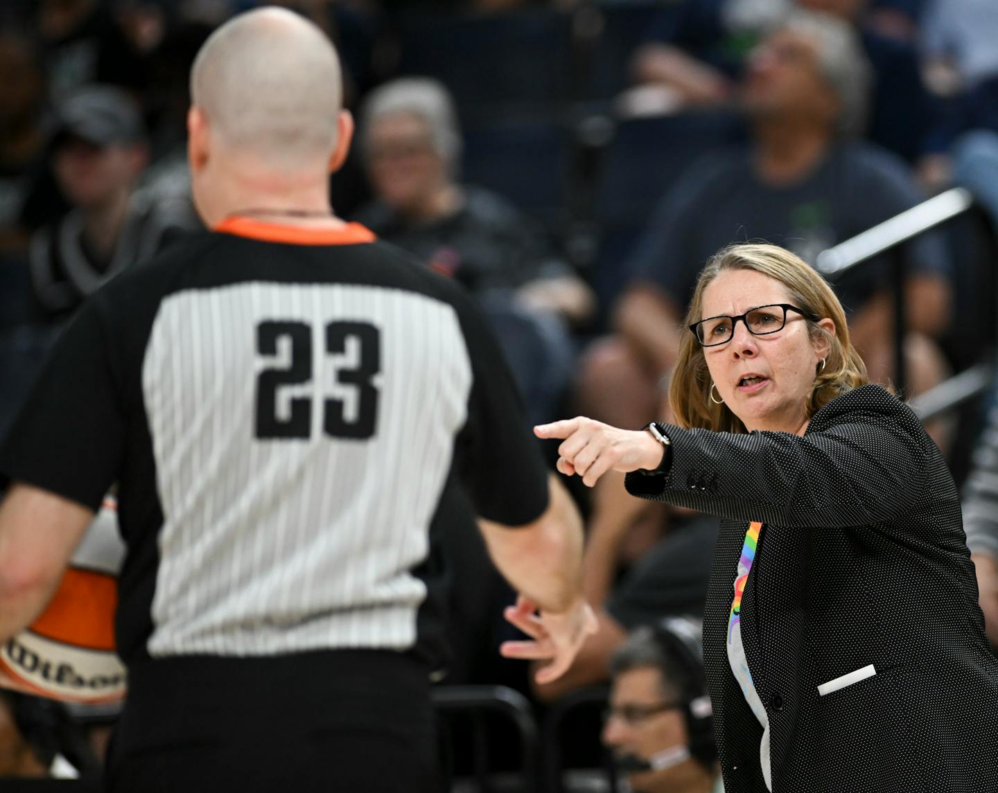 Minnesota Lynx head coach Cheryl Reeve discusses a foul call with an official in the first half against Connecticut Thursday, June 1, 2023, at Target Center in Minneapolis, Minn. ] AARON LAVINSKY • aaron.lavinsky@startribune.com