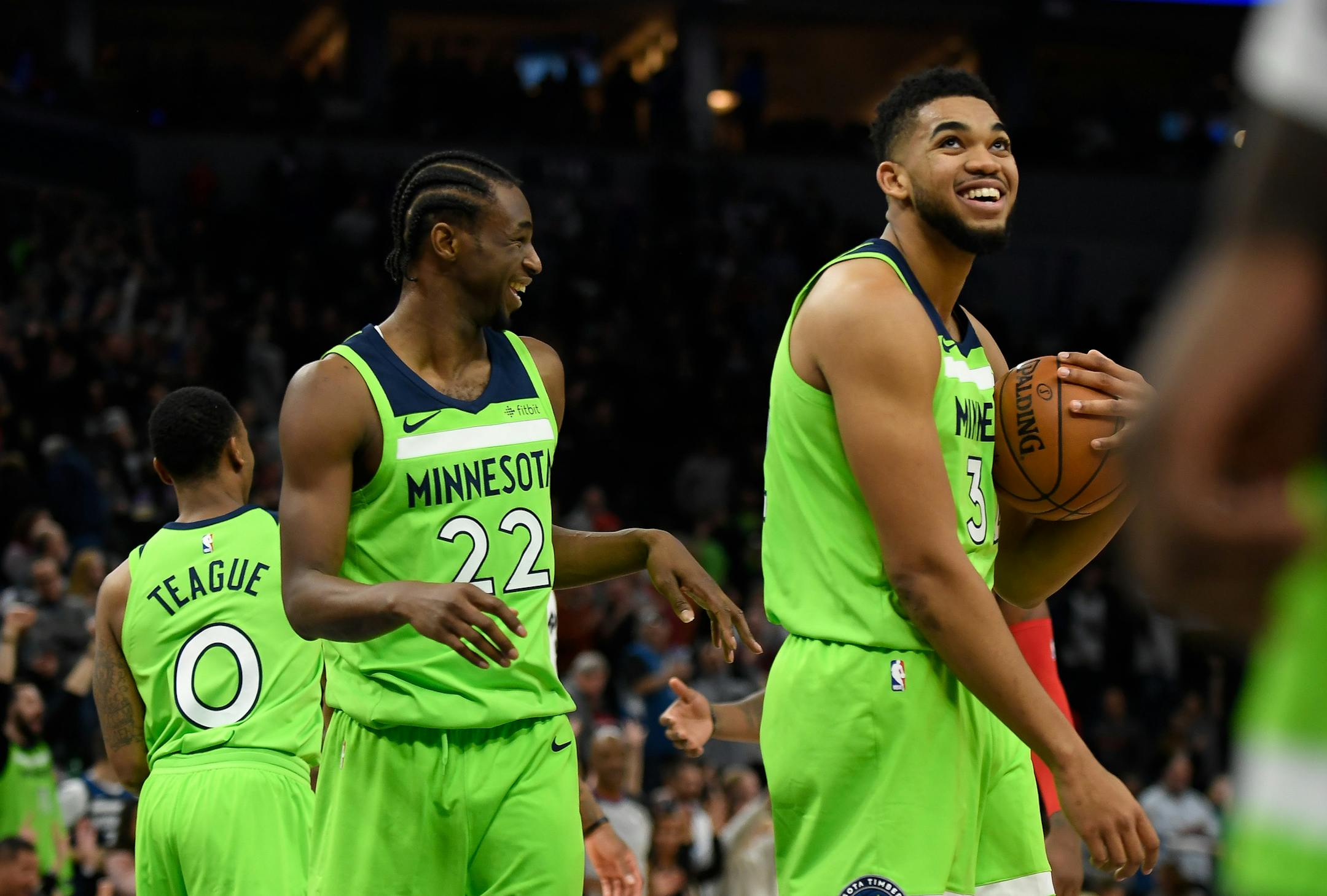 Minnesota Timberwolves center Karl-Anthony Towns (32) and forward Andrew Wiggins (22) were all smiles following their team's 115-109 victory over Toronto. ] AARON LAVINSKY ï aaron.lavinsky@startribune.com The Minnesota Timberwolves played the Toronto Raptors on Saturday, Jan. 20, 2018 at Target Center in Minneapolis, Minn.