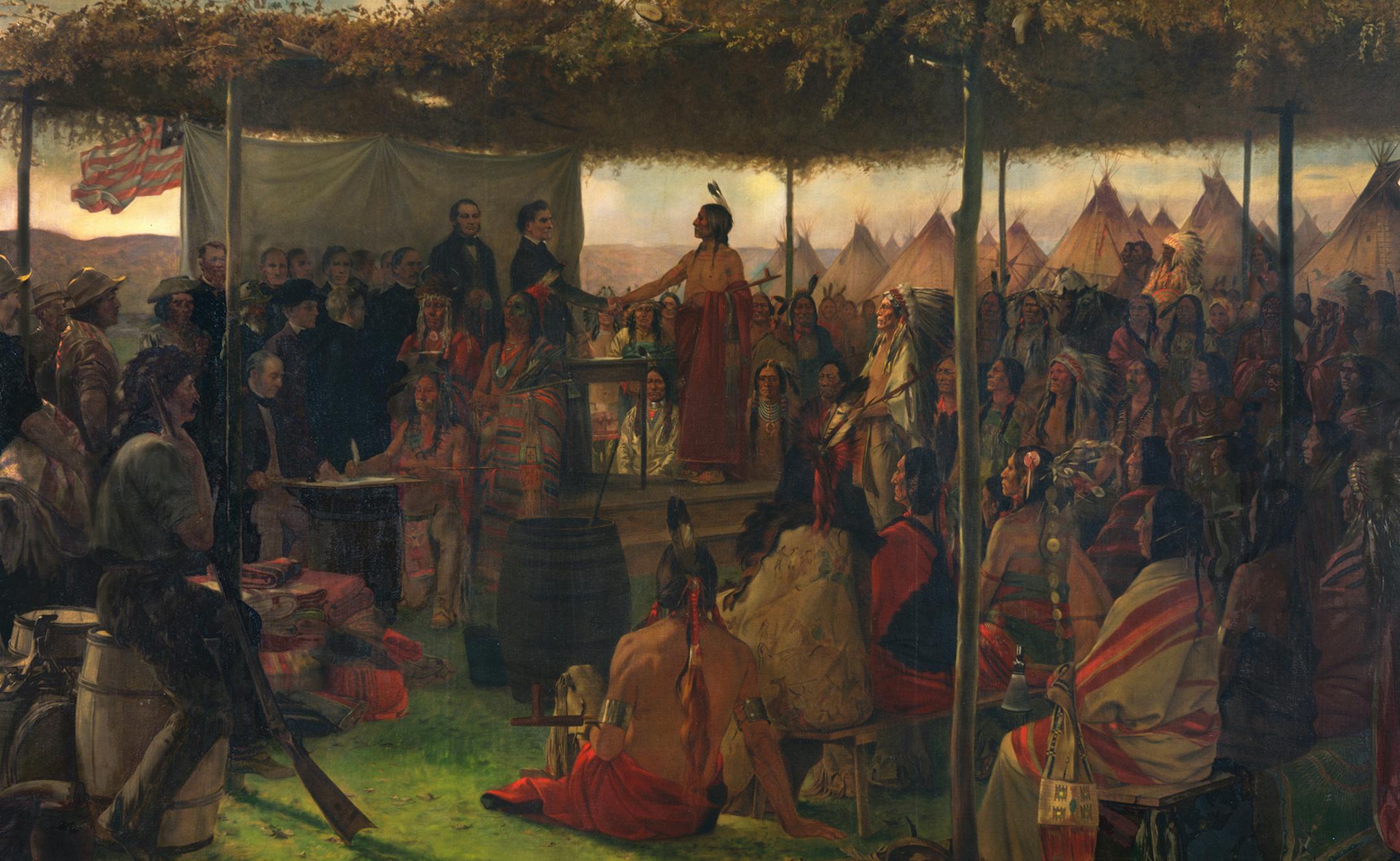 'The Signing of the Treaty of Traverse des Sioux'
Painting in the Governor's Reception Room, Minnesota State Capitol
Painter: Francis Davis Millet (1846-1912) Date: ca. 1905 Medium: Oil Primary Subject: Minnesota. Capitol (3rd). Interior. Governor's Reception Room and Office.
Subject: Indians. Dakota. Santee. Government and relations with U.S. Government. Treaties and delegations.
Subject: Minnesota. Capitol (3rd). Interior. Art.