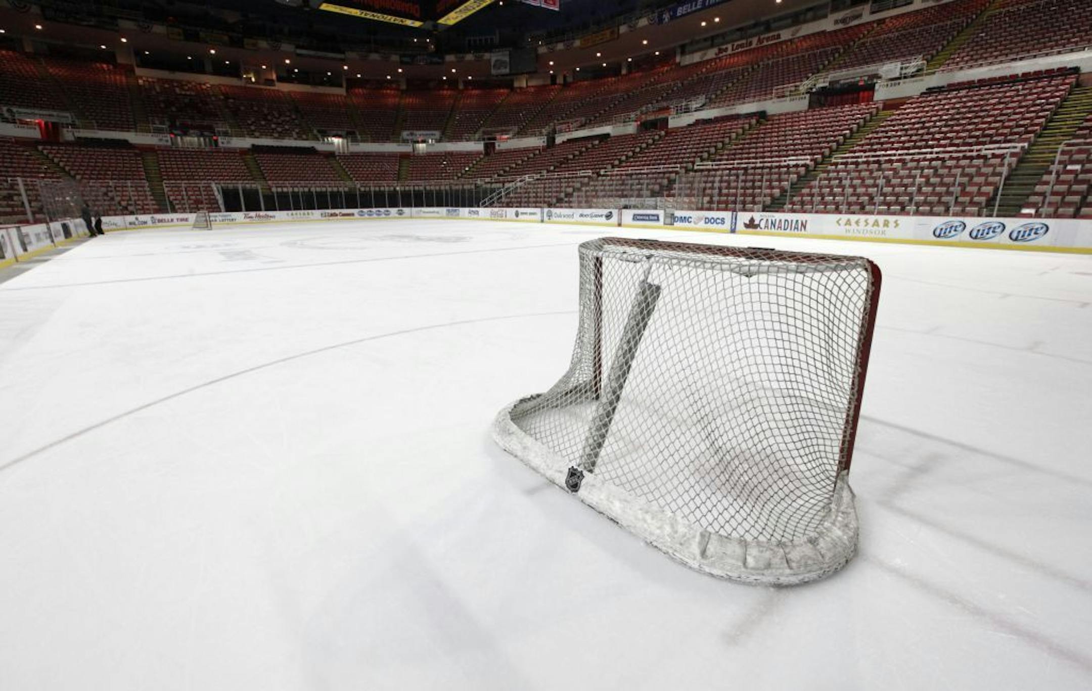 A hockey goal sits on the ice at Joe Louis Arena, home of the Detroit Red Wings.