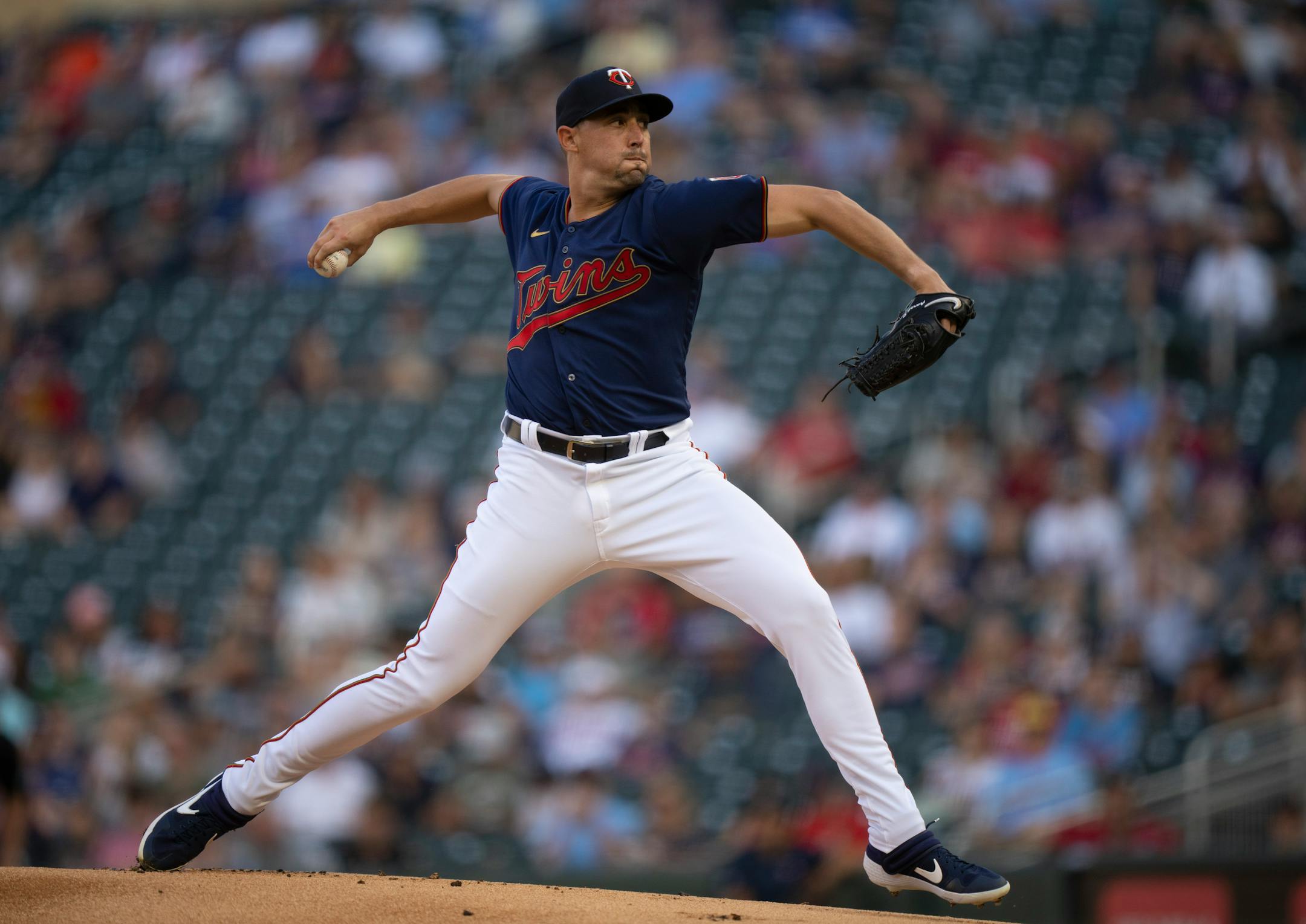 Minnesota Twins starting pitcher Aaron Sanchez (43) throwing to Detroit in the first inning at Target Field in Minneapolis, Minn. Monday night, August 1, 2022. The Minnesota Twins faced the Detroit Tigers in an MLB baseball game. ] JEFF WHEELER • Jeff.Wheeler@startribune.com