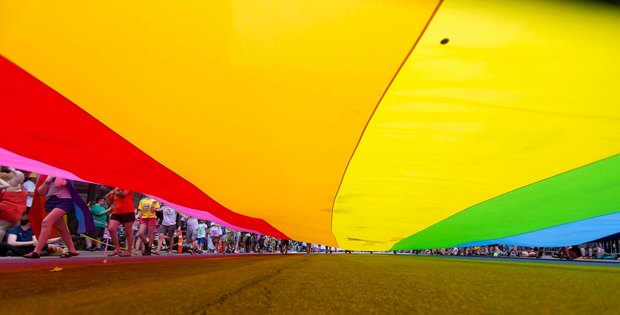 Multiple large pride flags were marched down Hennepin at the lead of the parade marchers.