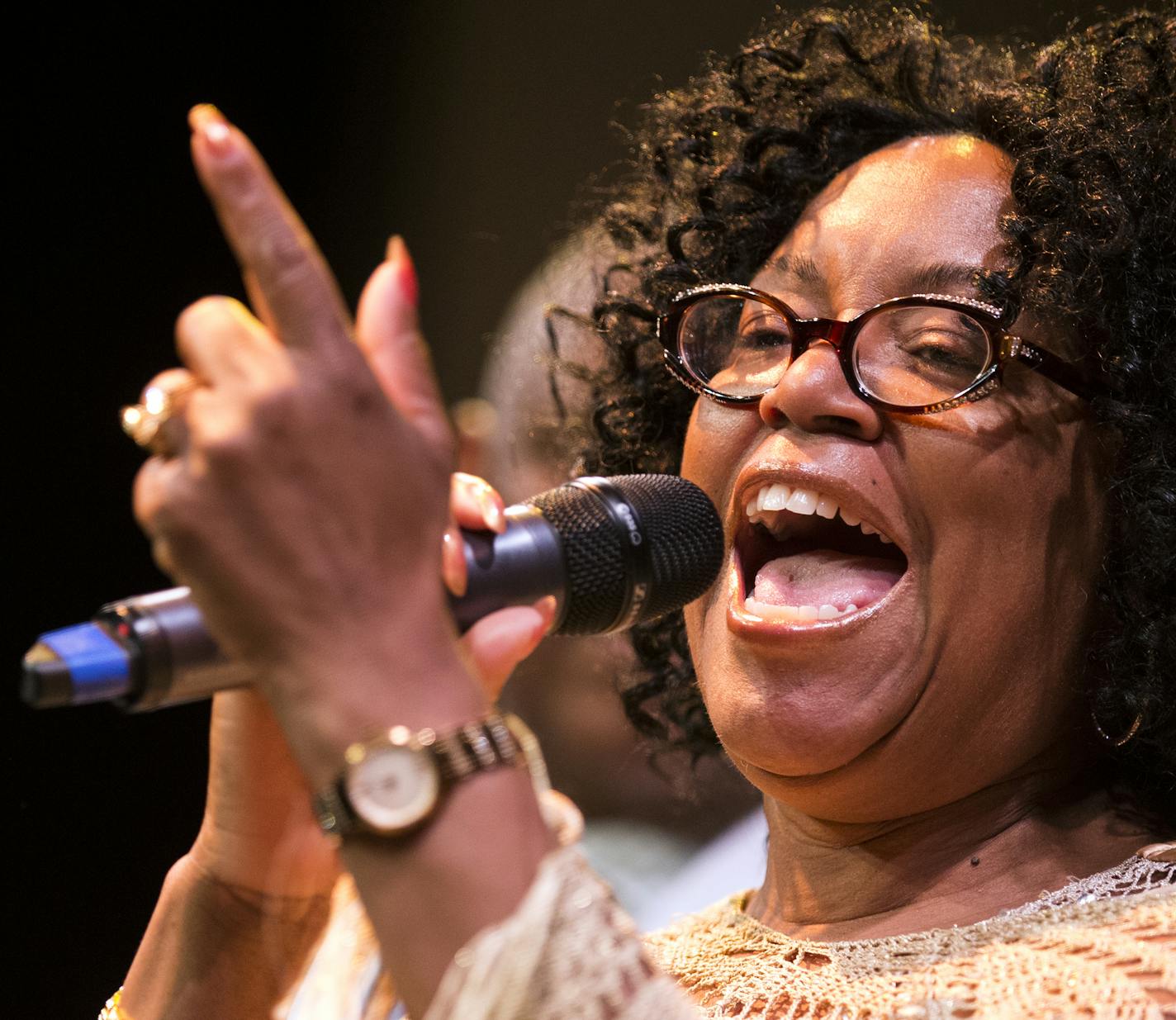 Yolande Bruce, a member of the Penumbra Theatre Company performs the song "Takin' It To The Streets" by the Doobie Brothers after the State of the City address. ] (Leila Navidi/Star Tribune) leila.navidi@startribune.com BACKGROUND INFORMATION: St. Paul Mayor gives his 2016 State of the City address Tuesday, April 19, 2016 at the Penumbra Theatre in St. Paul. Interspersed in the speech were performances of excerpts of August Wilson plays.