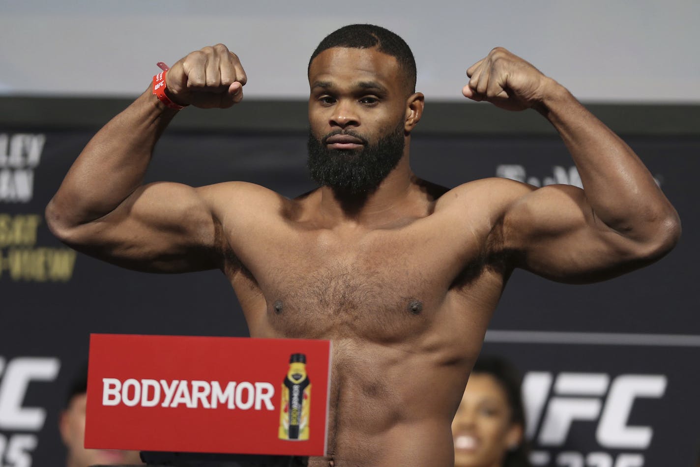 Tyron Woodley poses during the ceremonial UFC 235 mixed martial arts weigh-in in Las Vegas, Friday, March 1, 2019. (Erik Verduzco/Las Vegas Review-Journal via AP)