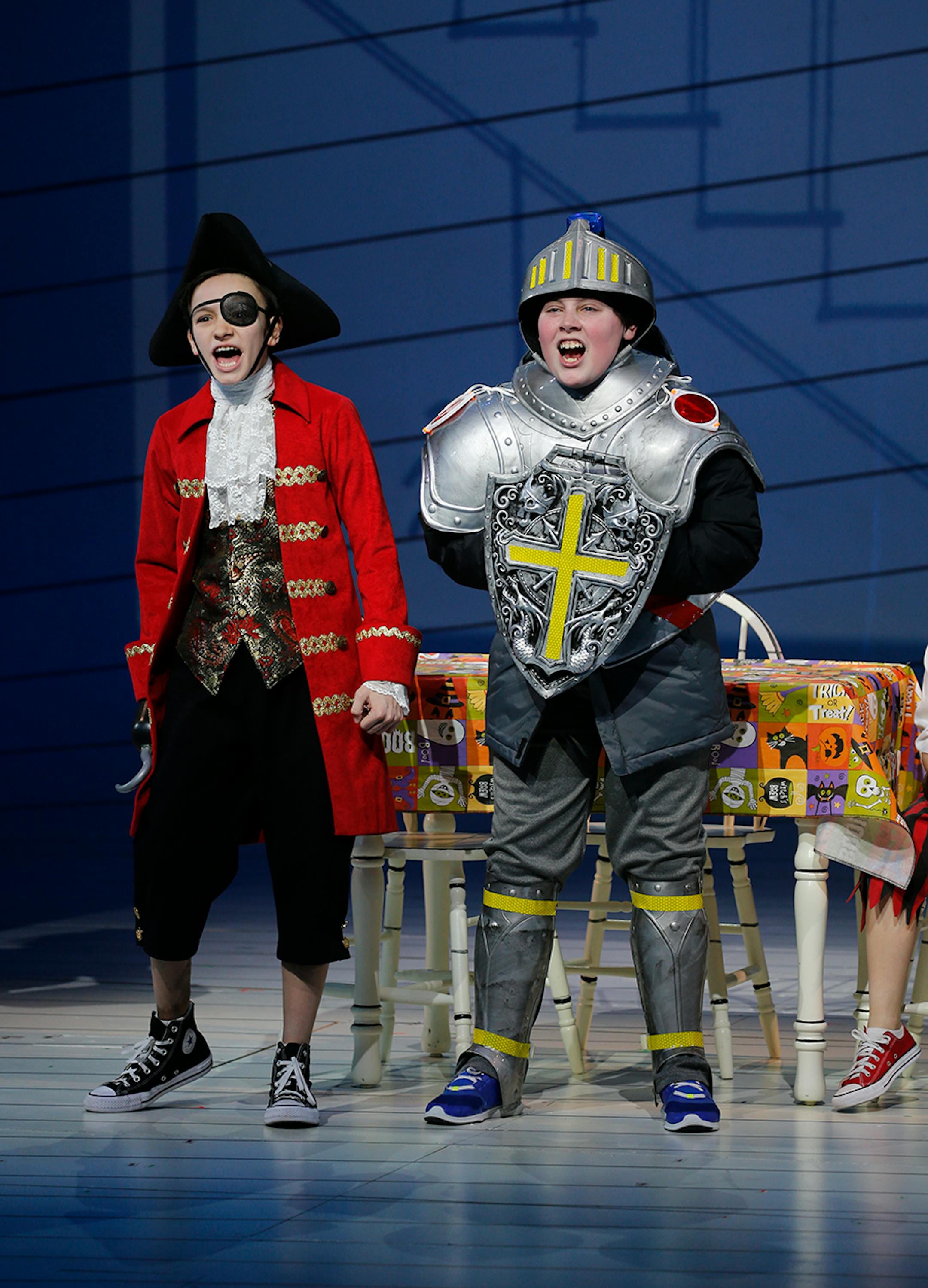 left, Greg, played by Ricky Falbo, and his friend Rowley, played by David Rosenthal, in the Diary of a Wimpy Kid the Musical, Diary of a Wimpy Kid the Musical.