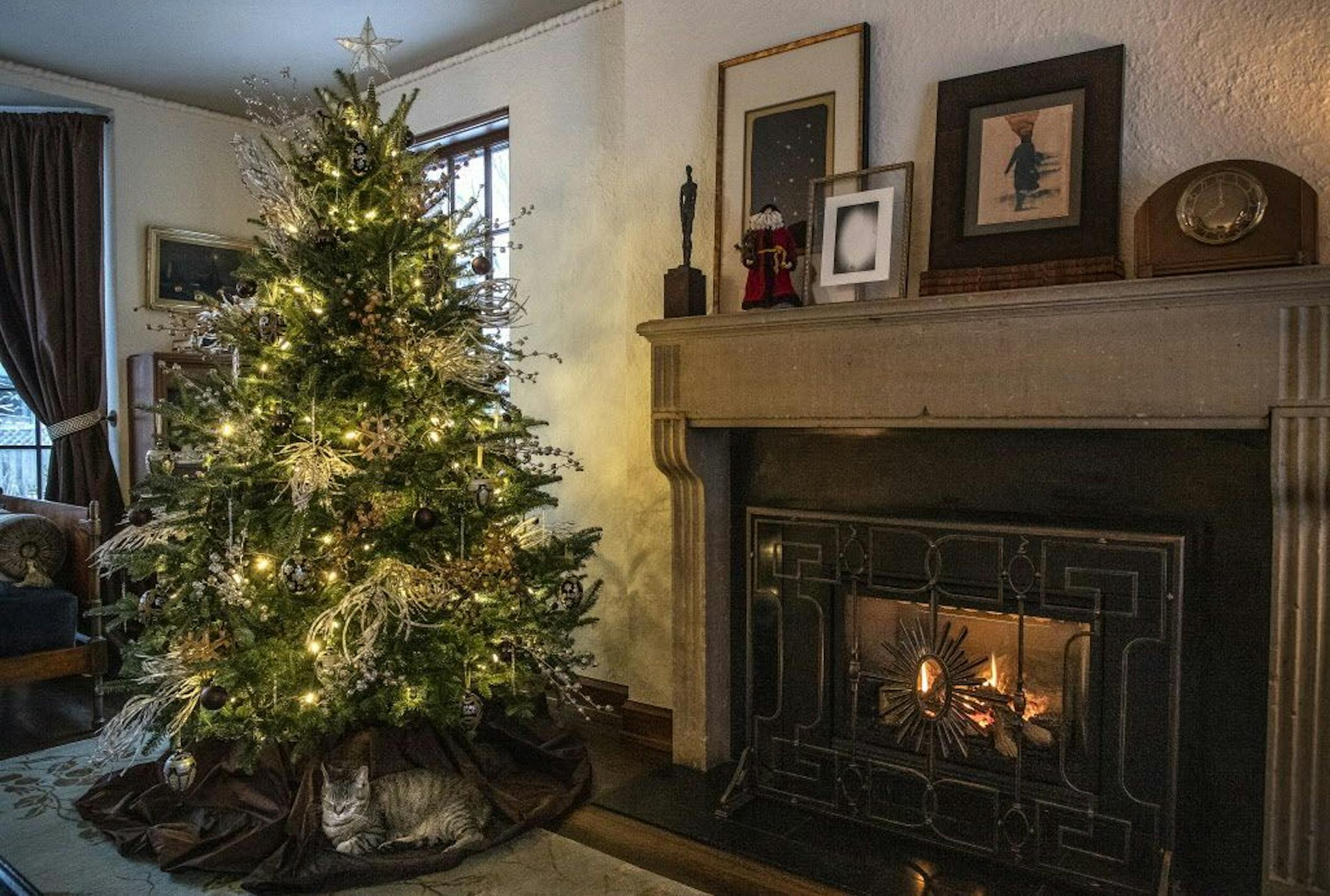 Designer Sandy LaMendola's cat napped on the merlot-hued tree skirt she fashioned from leftover drapery fabric. The Fraser fir is adorned with layers of organic-themed decorations.