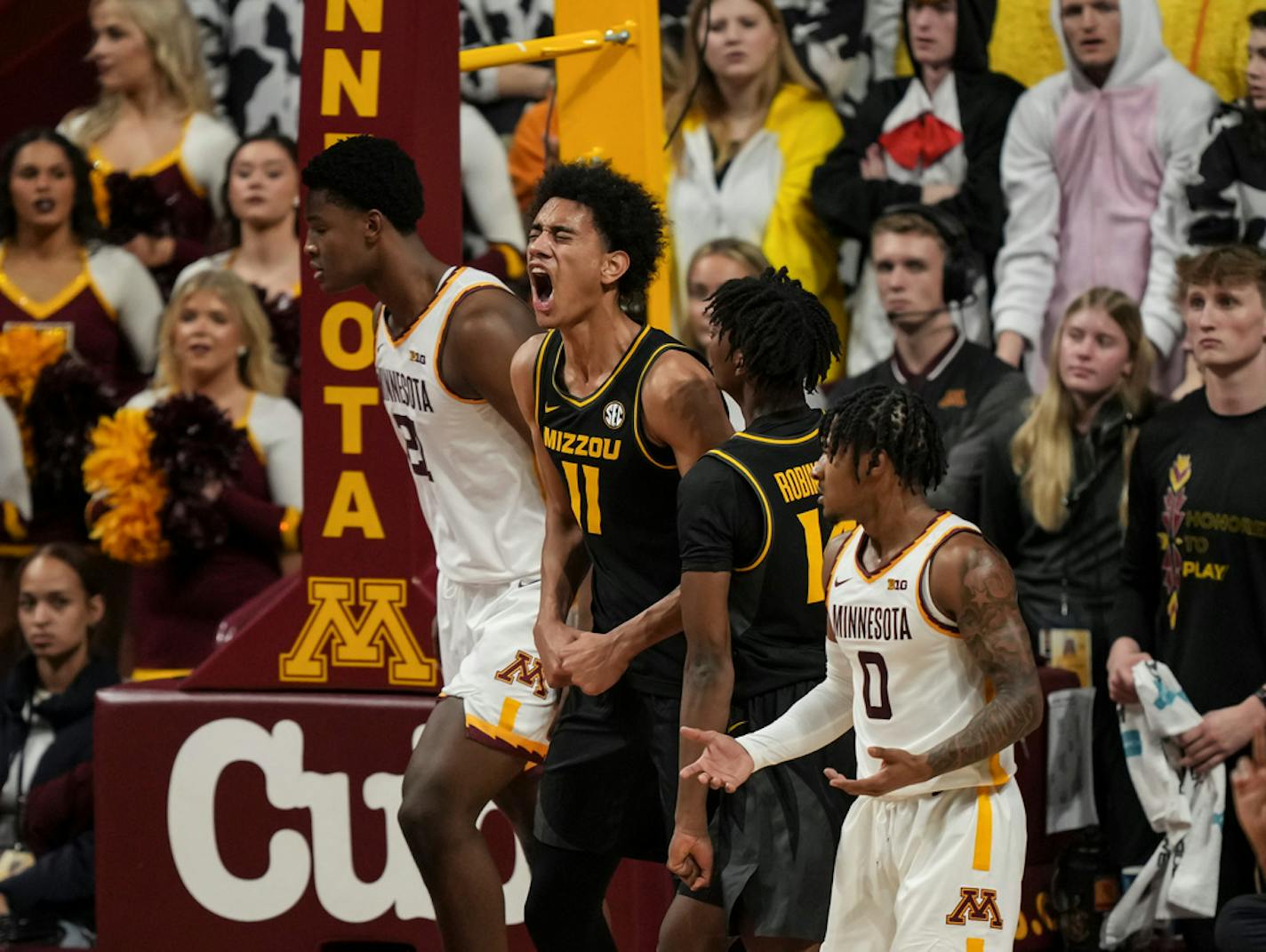 Missouri Tigers forward Trent Pierce (11) reacts to scoring and getting the extra free throw on a foul in the second half. The Minnesota Gophers men's basketball team hosted the Missouri Tigers at Williams Arena on Thursday, Nov. 16, 2023 in Minneapolis, Minn. ] RENEE JONES SCHNEIDER • renee.jones@startribune.com