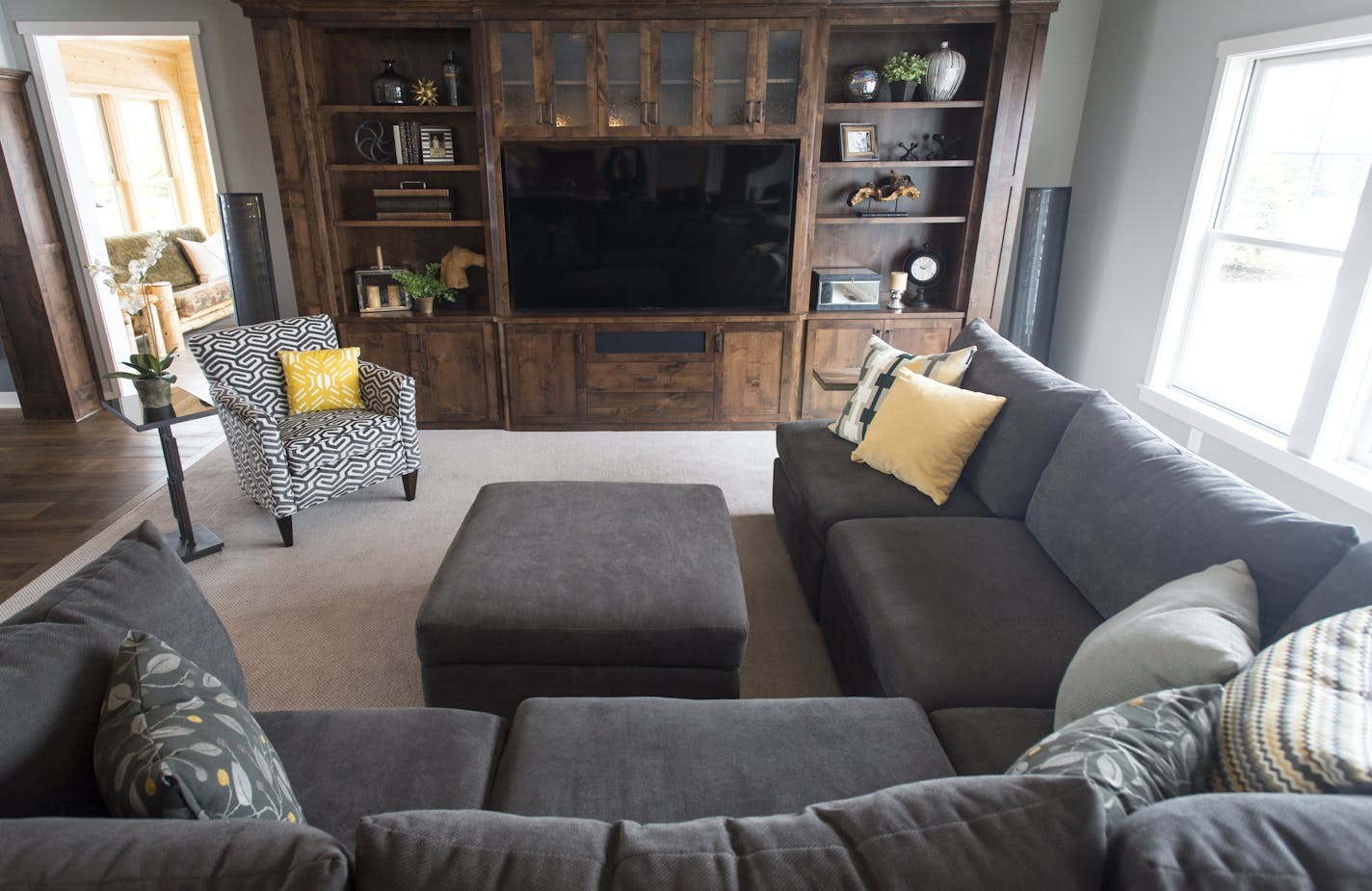 The home theater is open to the lower-level entertaining area.